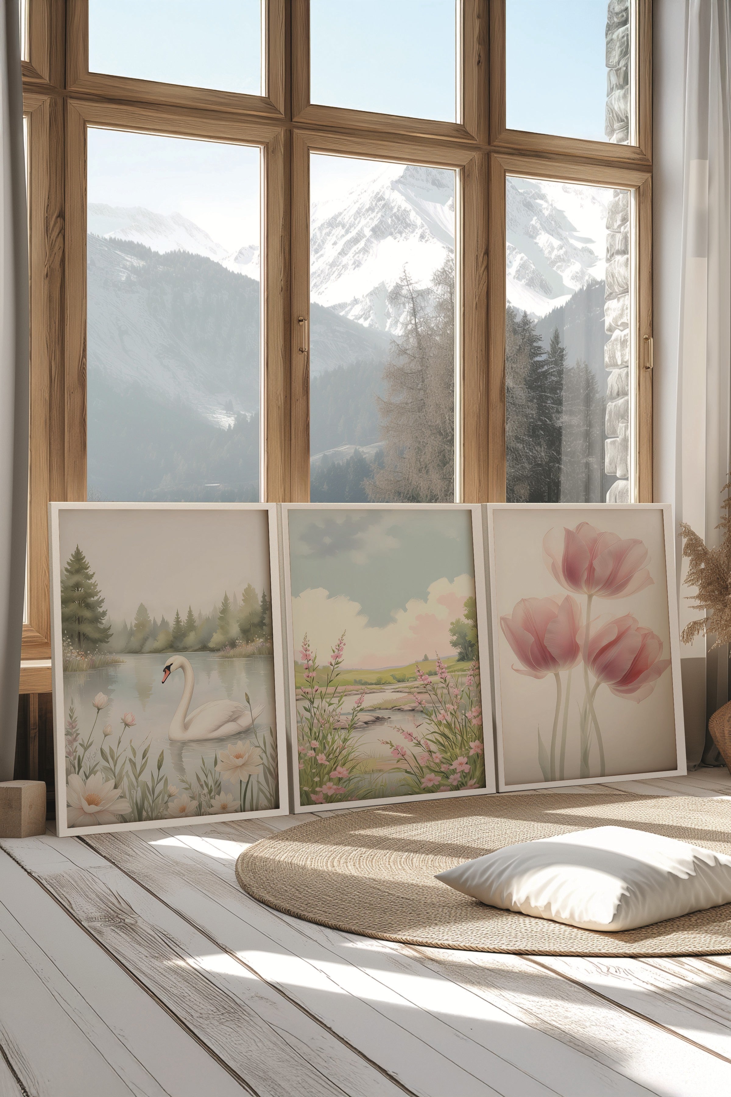 Beyaz Tablo Seti, 3 Adet Beyaz Çerçeveli Poster Swan Nature Model No:300804, Multicolor Duvar Dekoru