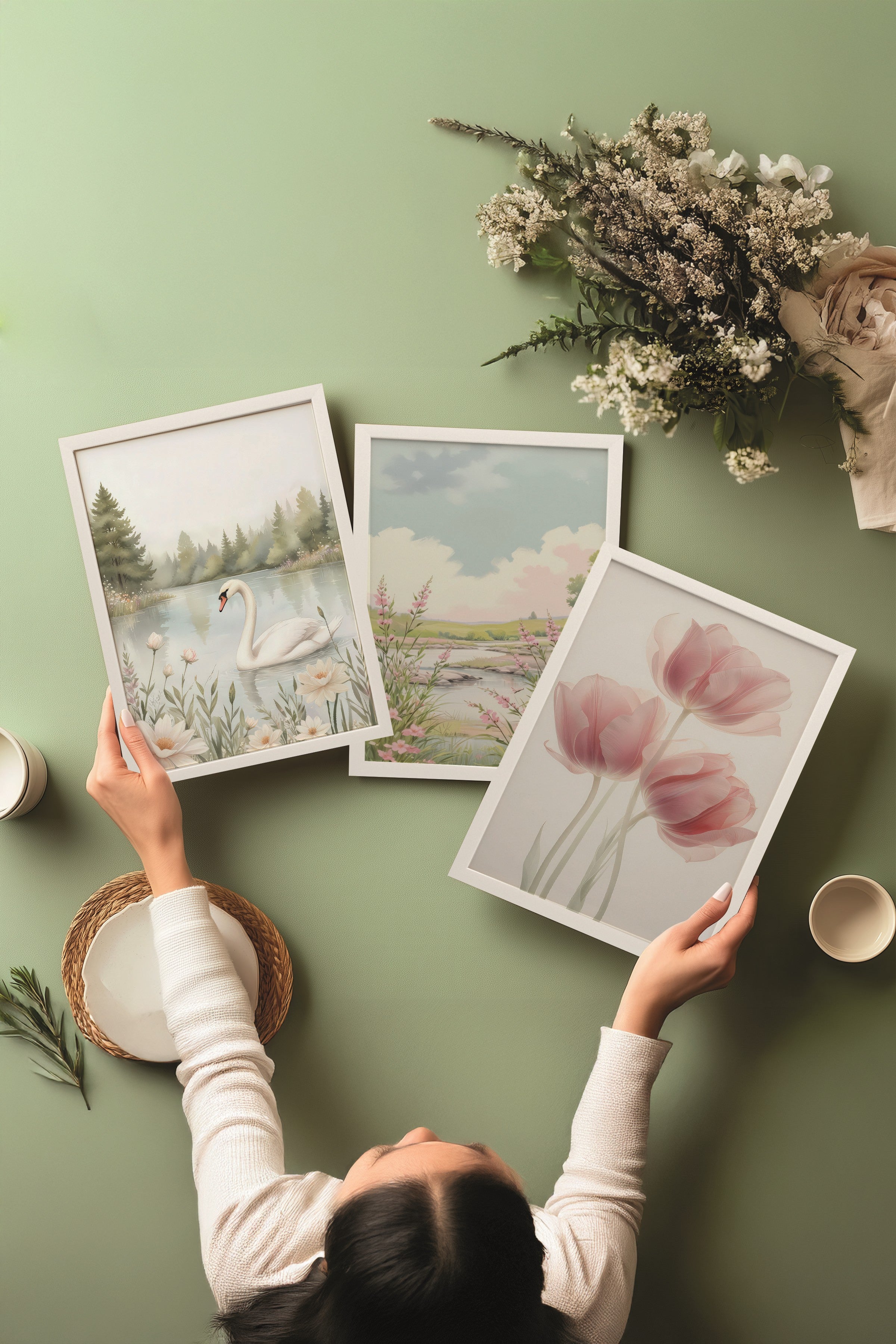 Beyaz Tablo Seti, 3 Adet Beyaz Çerçeveli Poster Swan Nature Model No:300804, Multicolor Duvar Dekoru