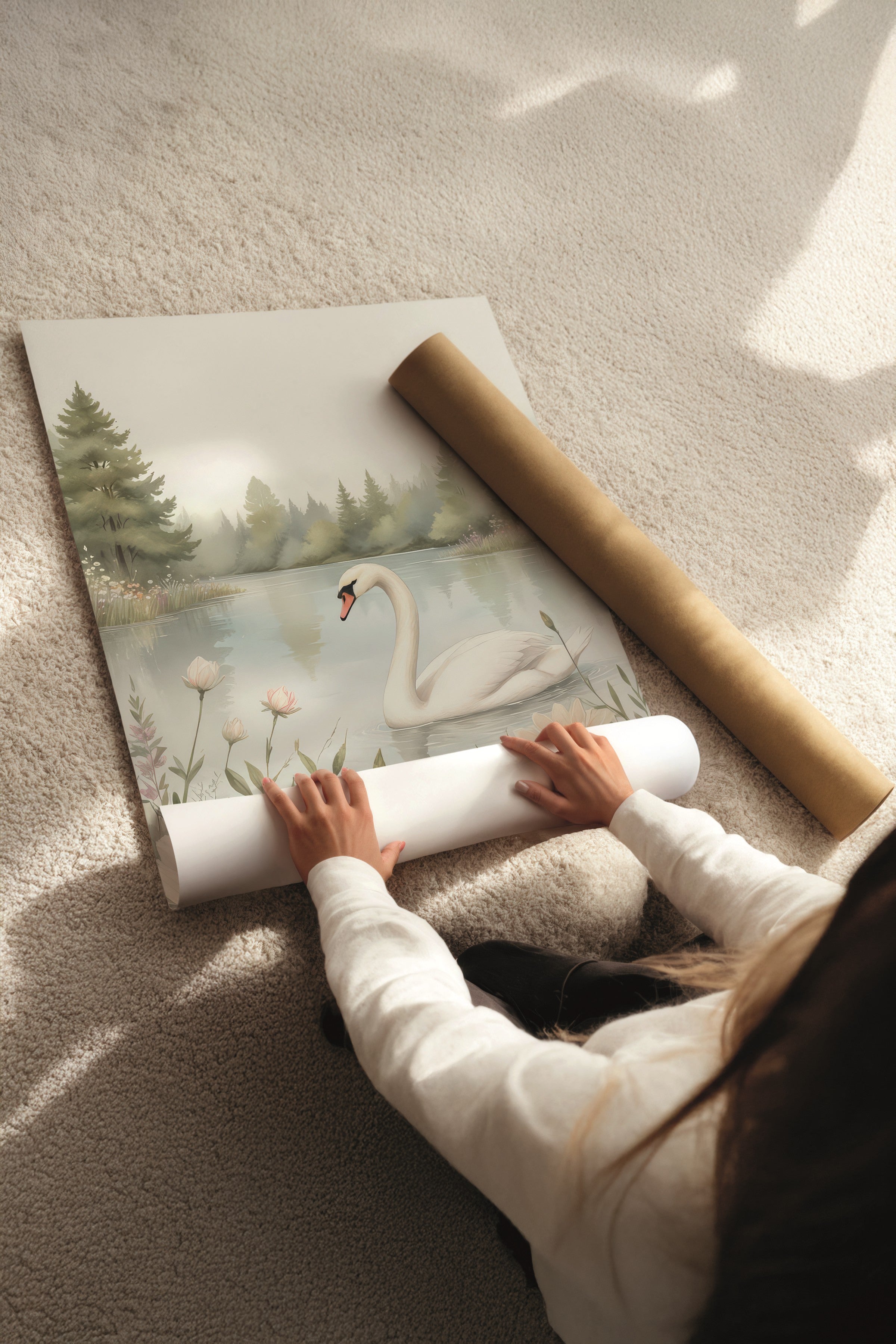 Beyaz Tablo Seti, 3 Adet Beyaz Çerçeveli Poster Swan Nature Model No:300804, Multicolor Duvar Dekoru