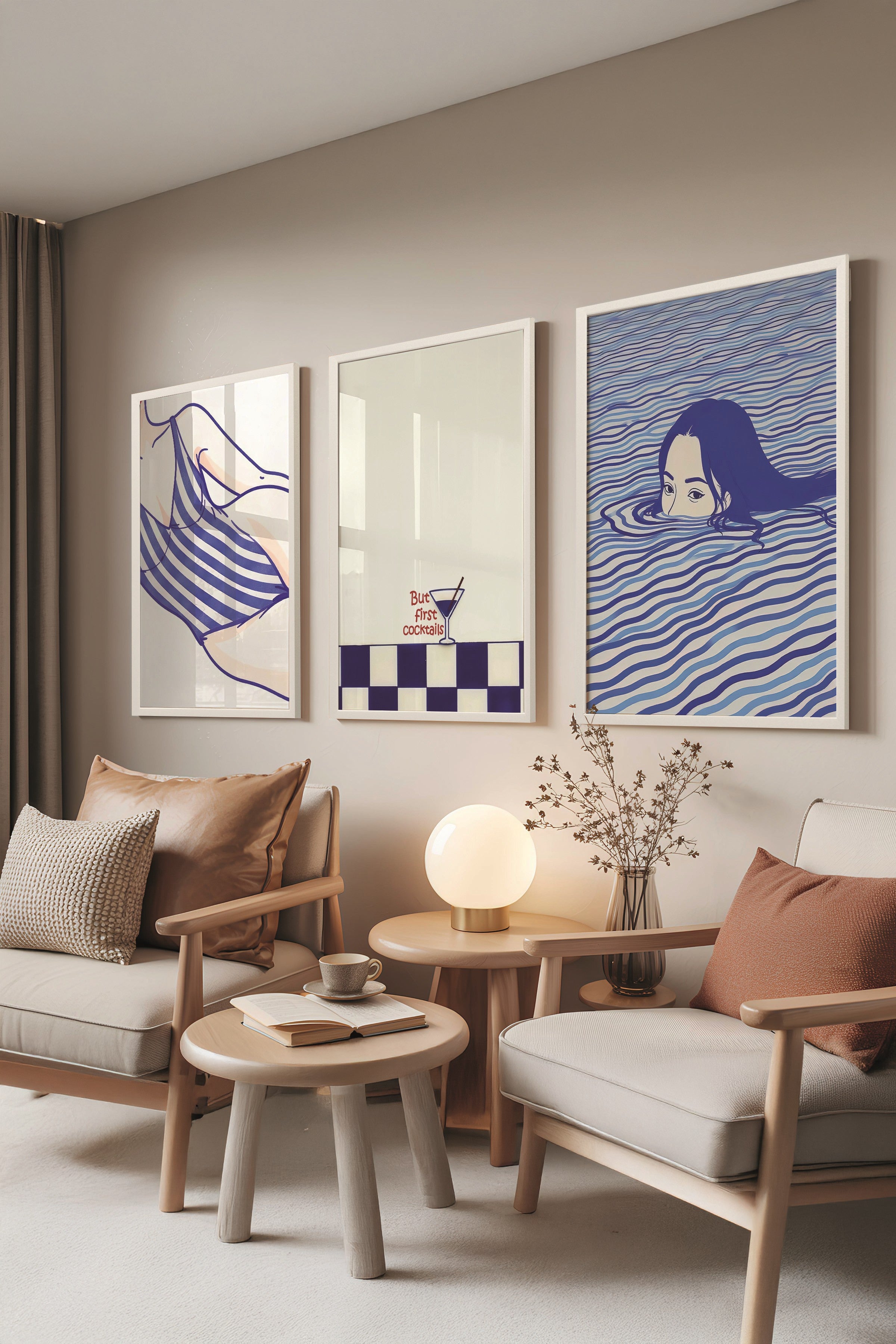 Beyaz Tablo Seti, 3 Adet Beyaz Çerçeveli Poster Swim Model No:300834, Mavi Duvar Dekoru