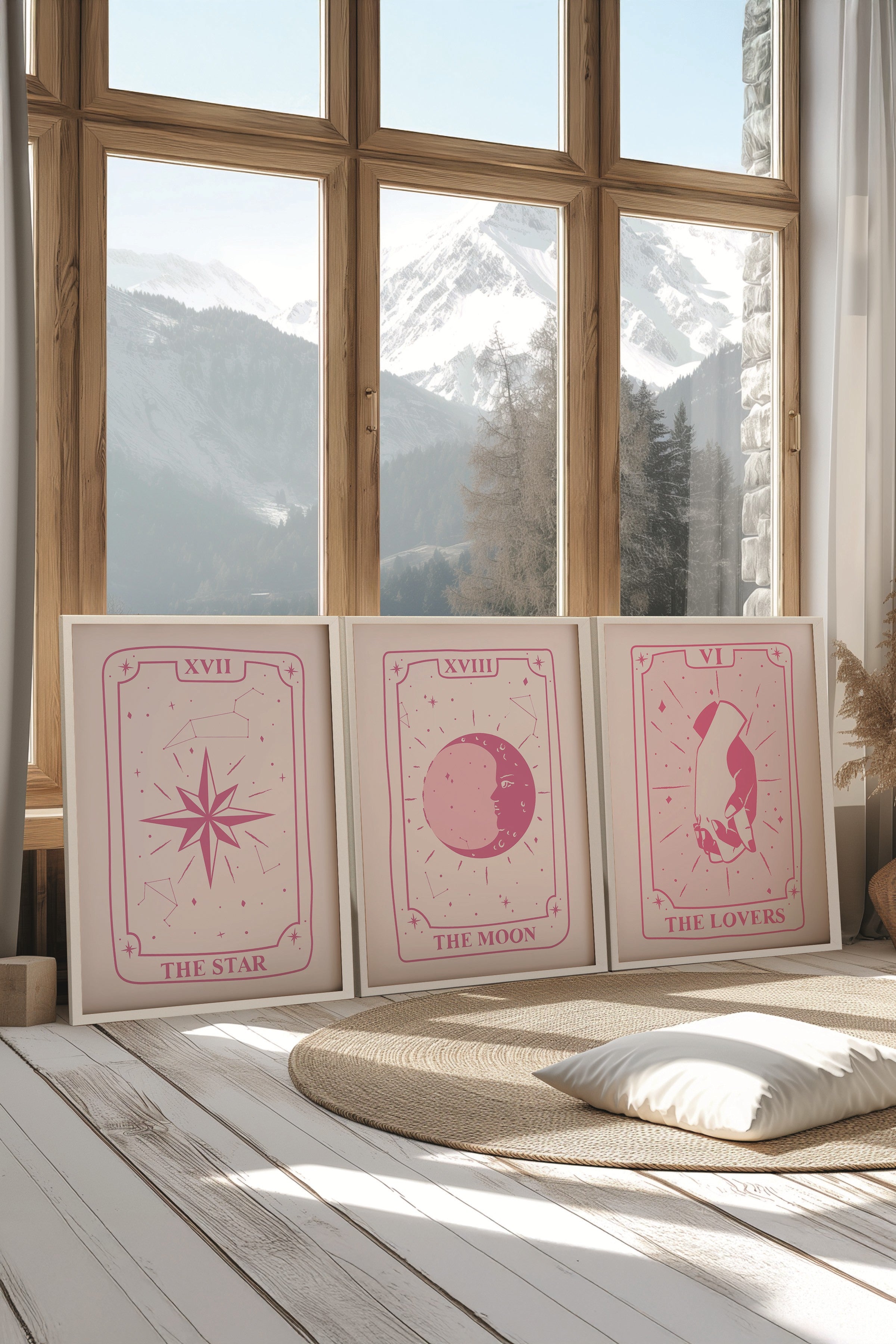Beyaz Tablo Seti, 3 Adet Beyaz Çerçeveli Poster tarot cards Model No:300898, Pembe Duvar Dekoru