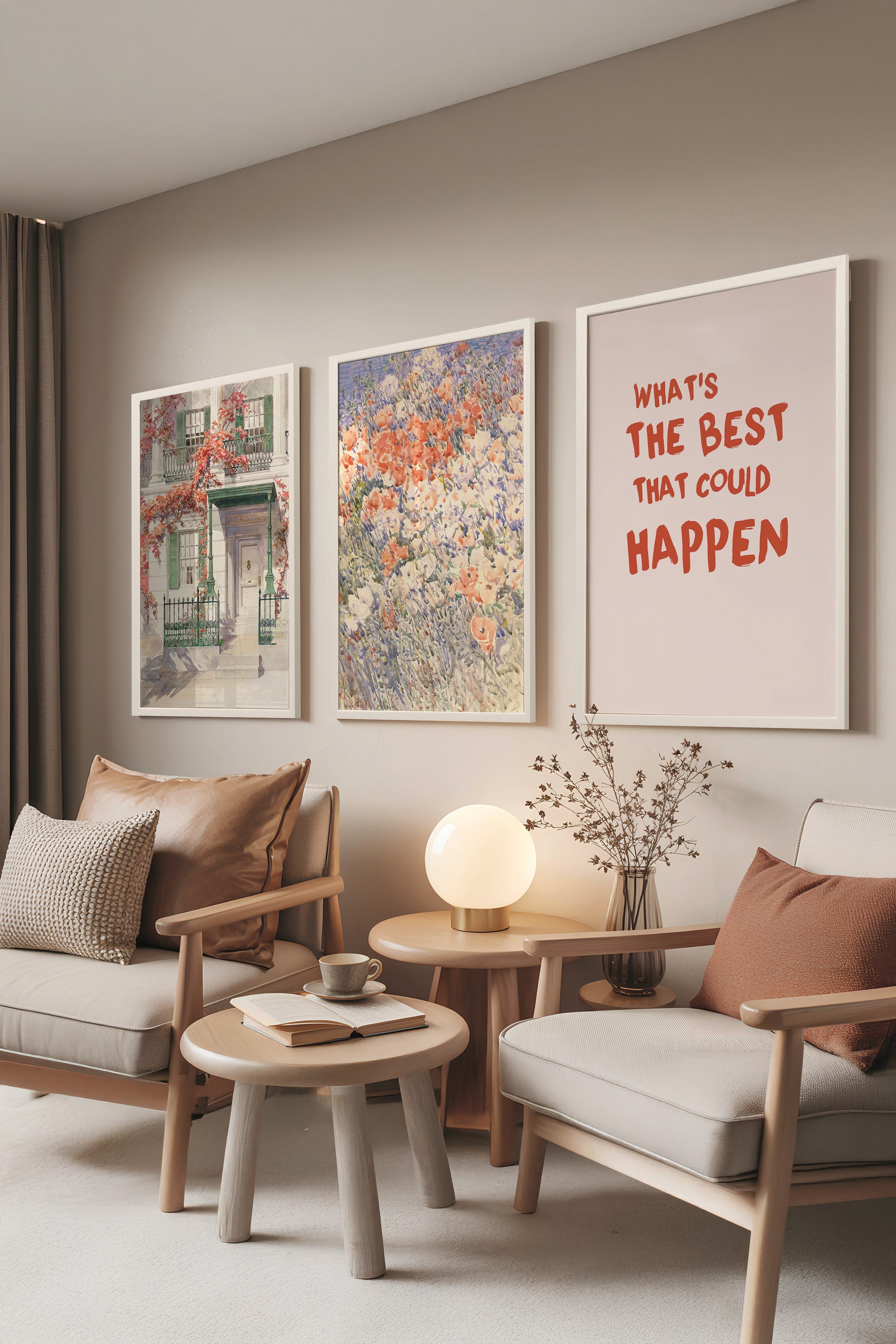 Beyaz Tablo Seti, 3 Adet Beyaz Çerçeveli Poster The Best Happen Model No:300864, Duvar Dekoru