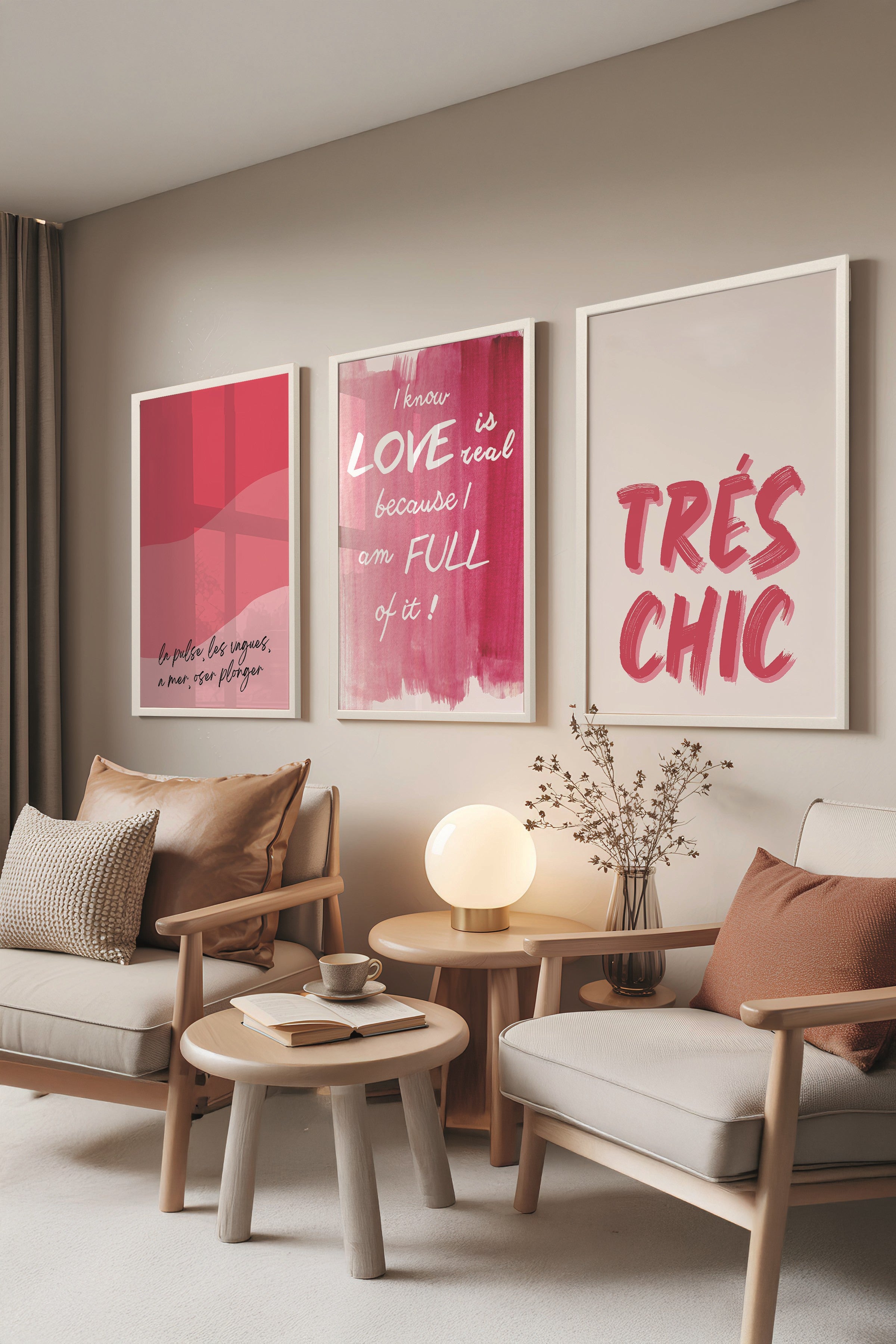 Beyaz Tablo Seti, 3 Adet Beyaz Çerçeveli Poster Tres Chic Model No:300814, Kırmızı Duvar Dekoru