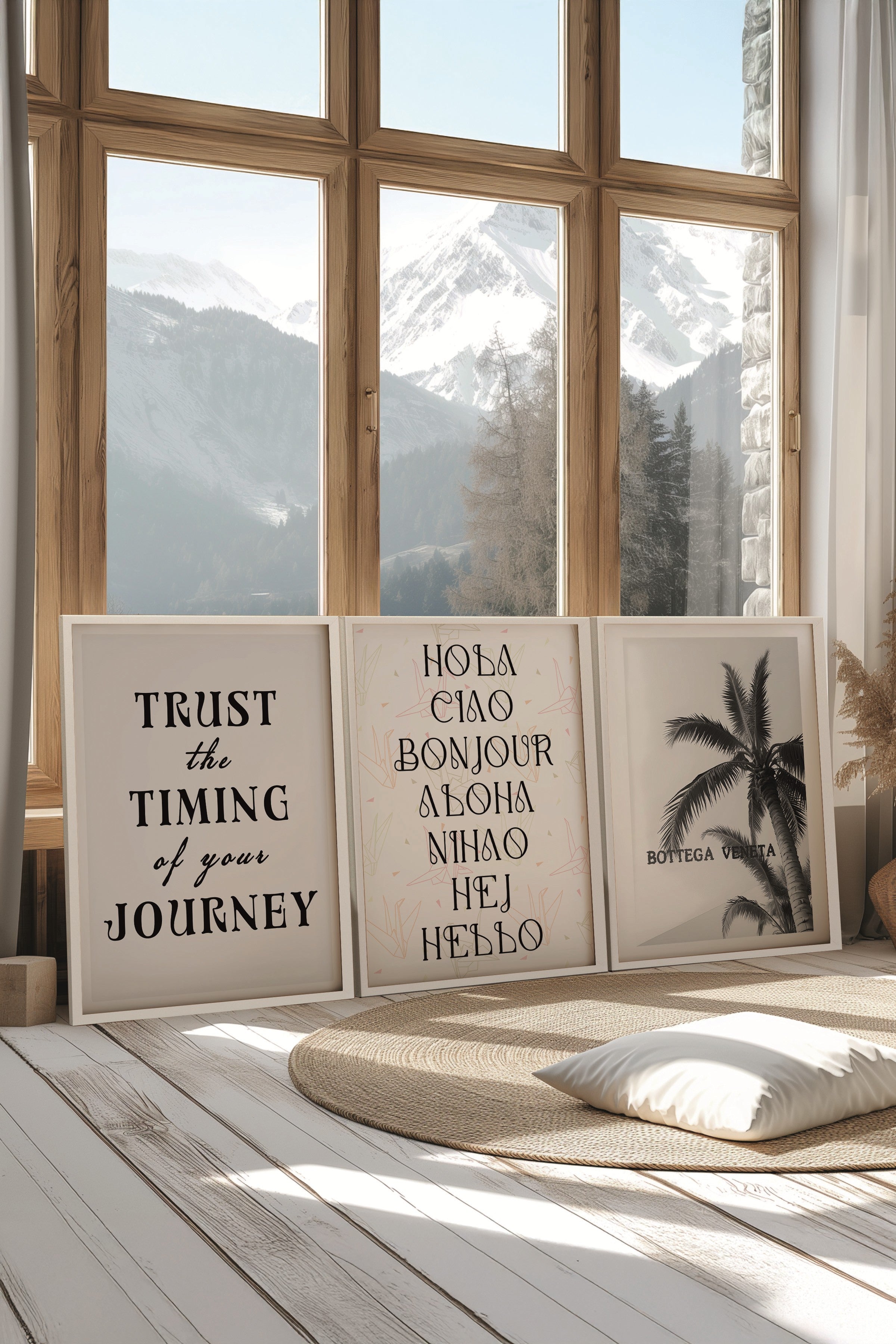 Beyaz Tablo Seti, 3 Adet Beyaz Çerçeveli Poster Trust the Timing Model No:300810, Beyaz ve Beyaz Dekor