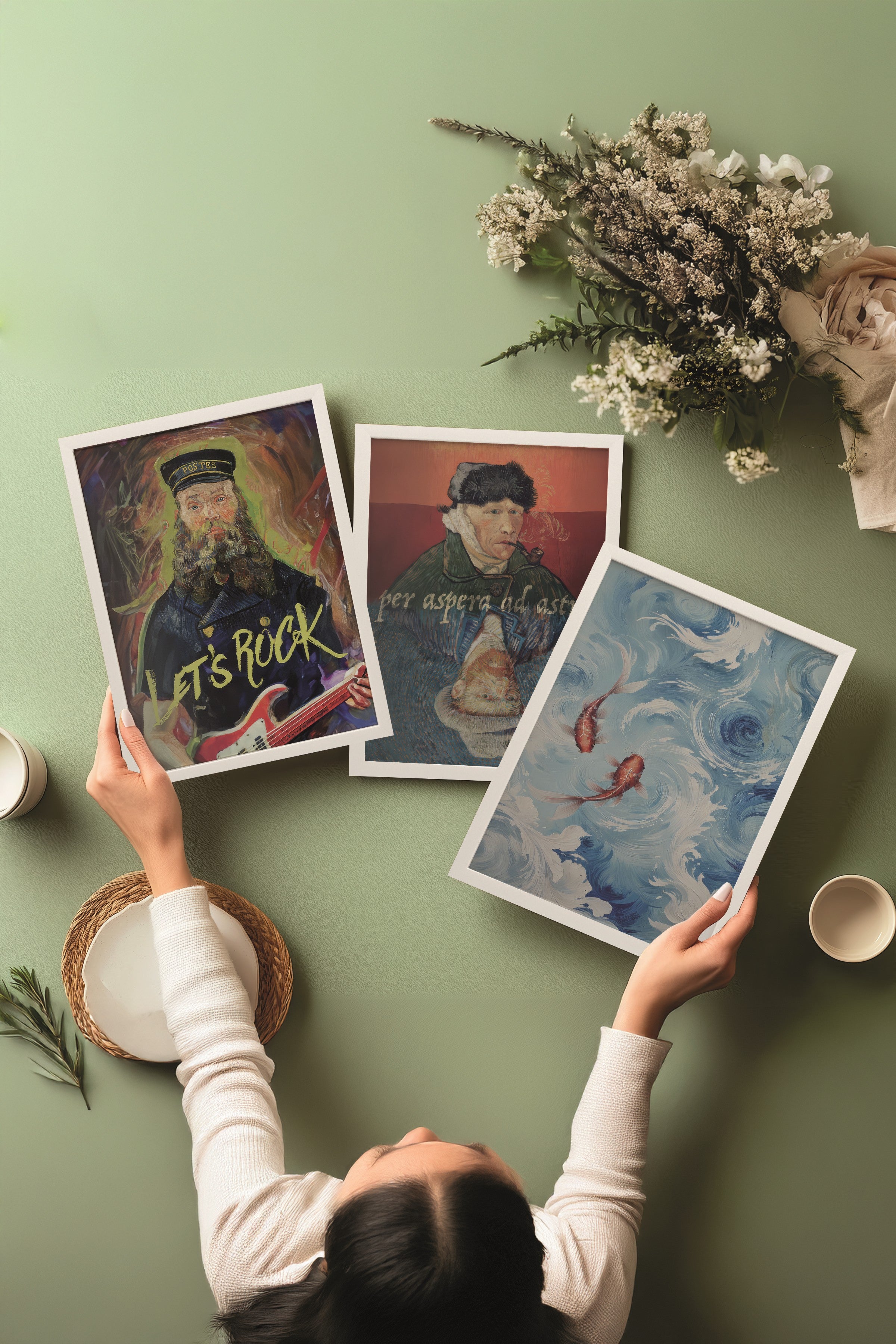 Beyaz Tablo Seti, 3 Adet Beyaz Çerçeveli Poster Van Gogh Model No:300802, Duvar Dekoru