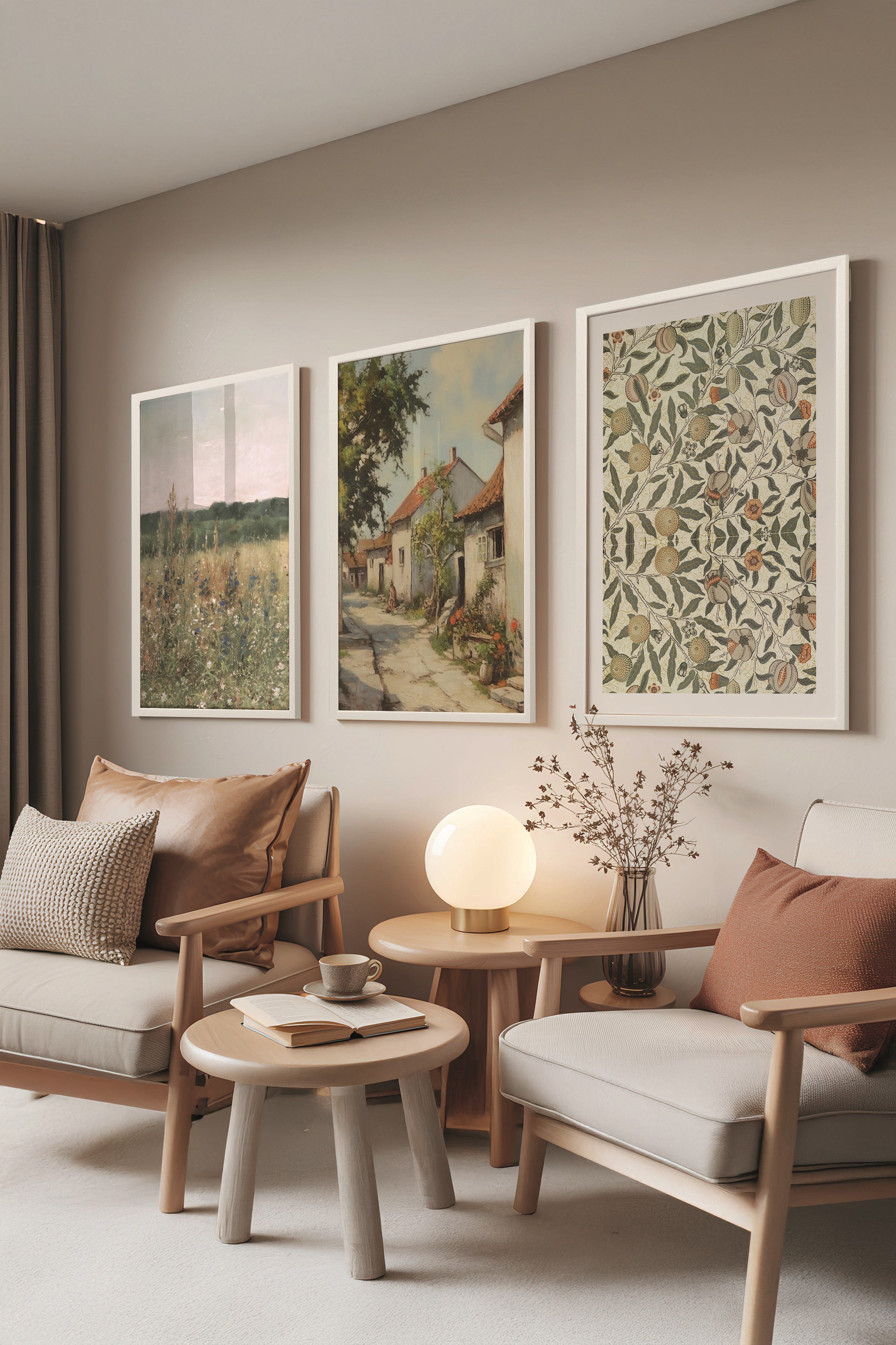 Beyaz Tablo Seti, 3 Adet Beyaz Çerçeveli Poster Vintage House Model No:300871, Renkli Duvar Dekoru