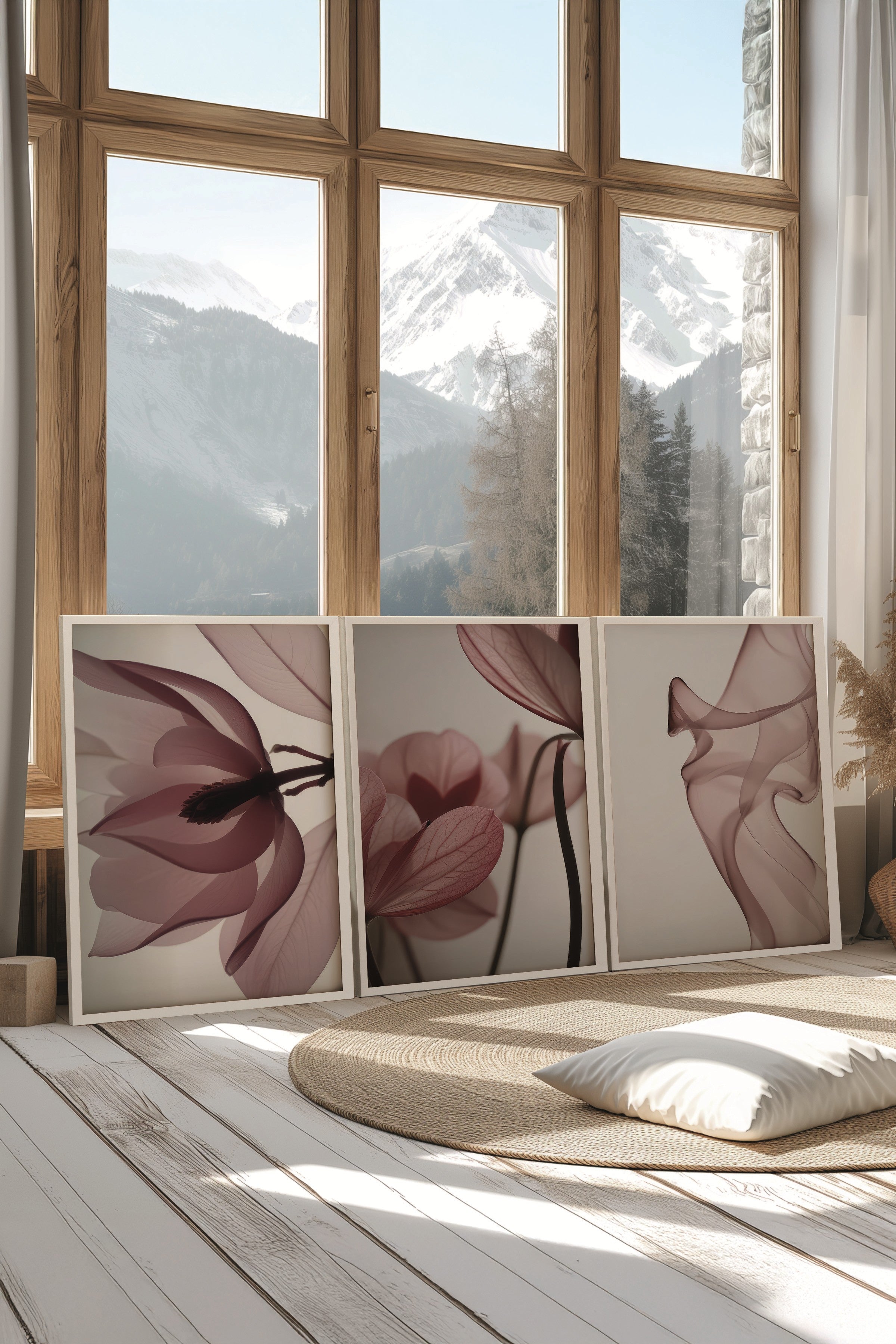 Beyaz Tablo Seti, 3 Adet Beyaz Çerçeveli Poster Vivid Flower Model No:300800, Kırmızı Duvar Dekoru