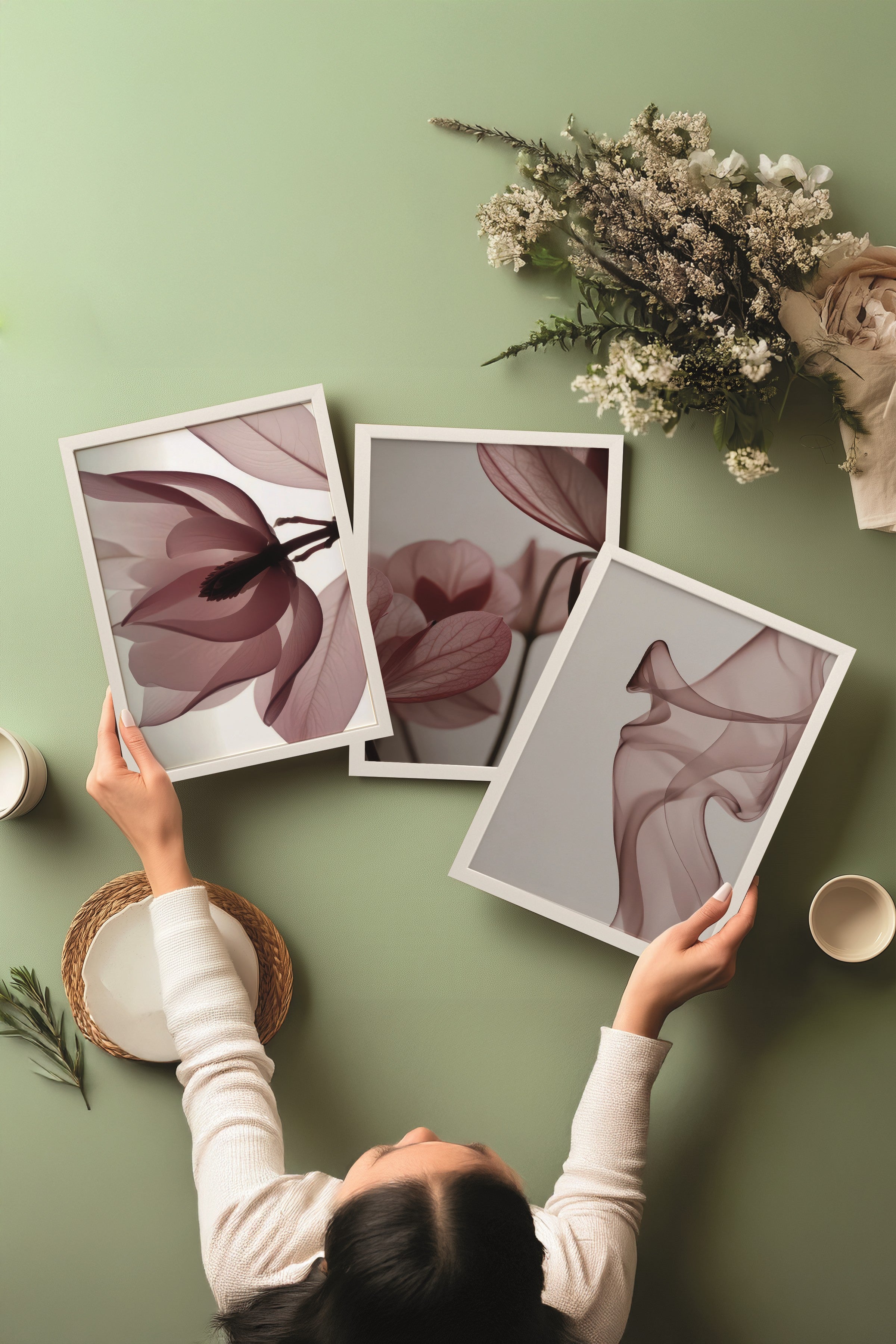 Beyaz Tablo Seti, 3 Adet Beyaz Çerçeveli Poster Vivid Flower Model No:300800, Kırmızı Duvar Dekoru