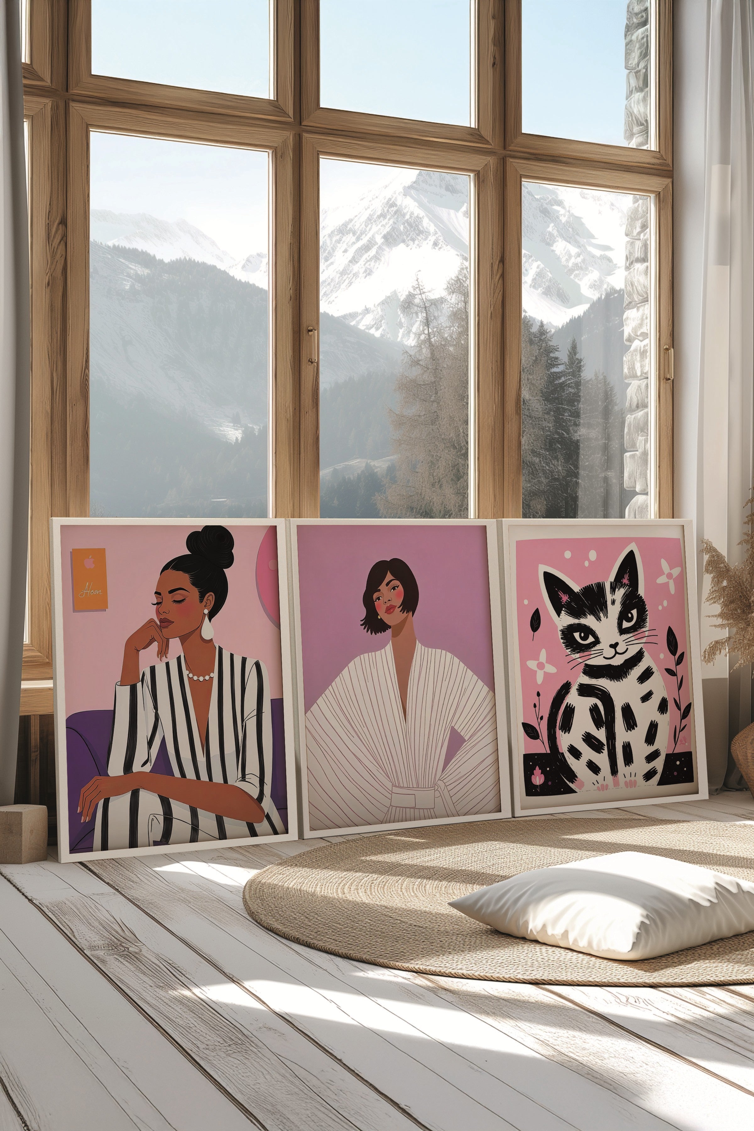 Beyaz Tablo Seti, 3 Adet Beyaz Çerçeveli Poster Woman in Pink Model No:300868, Pembe Duvar Dekoru