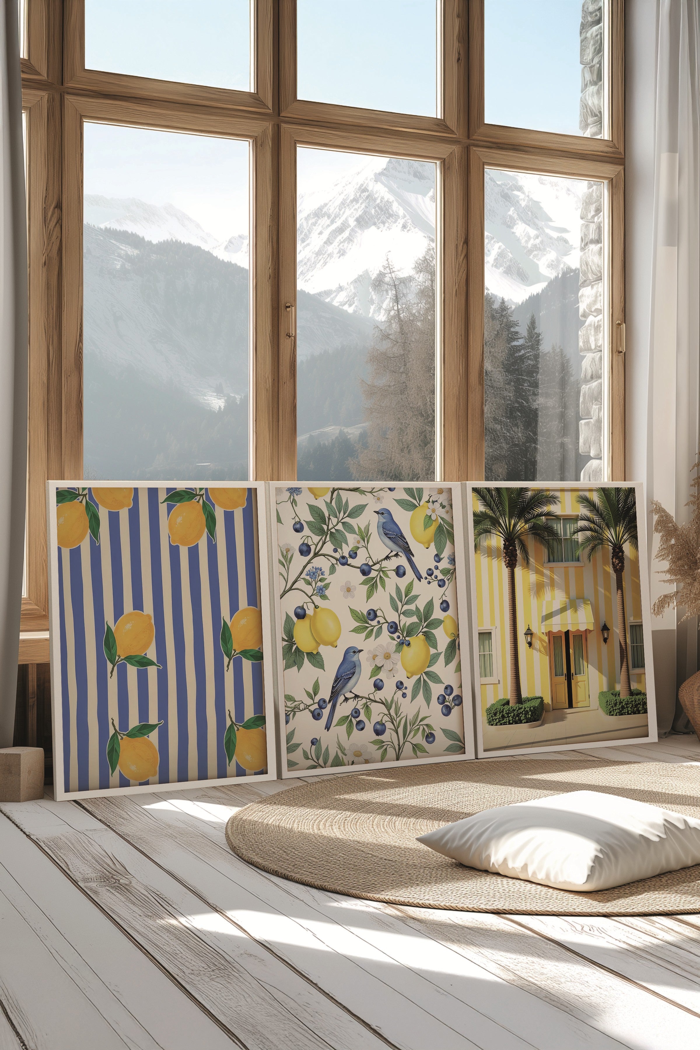 Beyaz Tablo Seti, 3 Adet Beyaz Çerçeveli Poster Yellow Building Model No:300858, Sarı Duvar Dekor