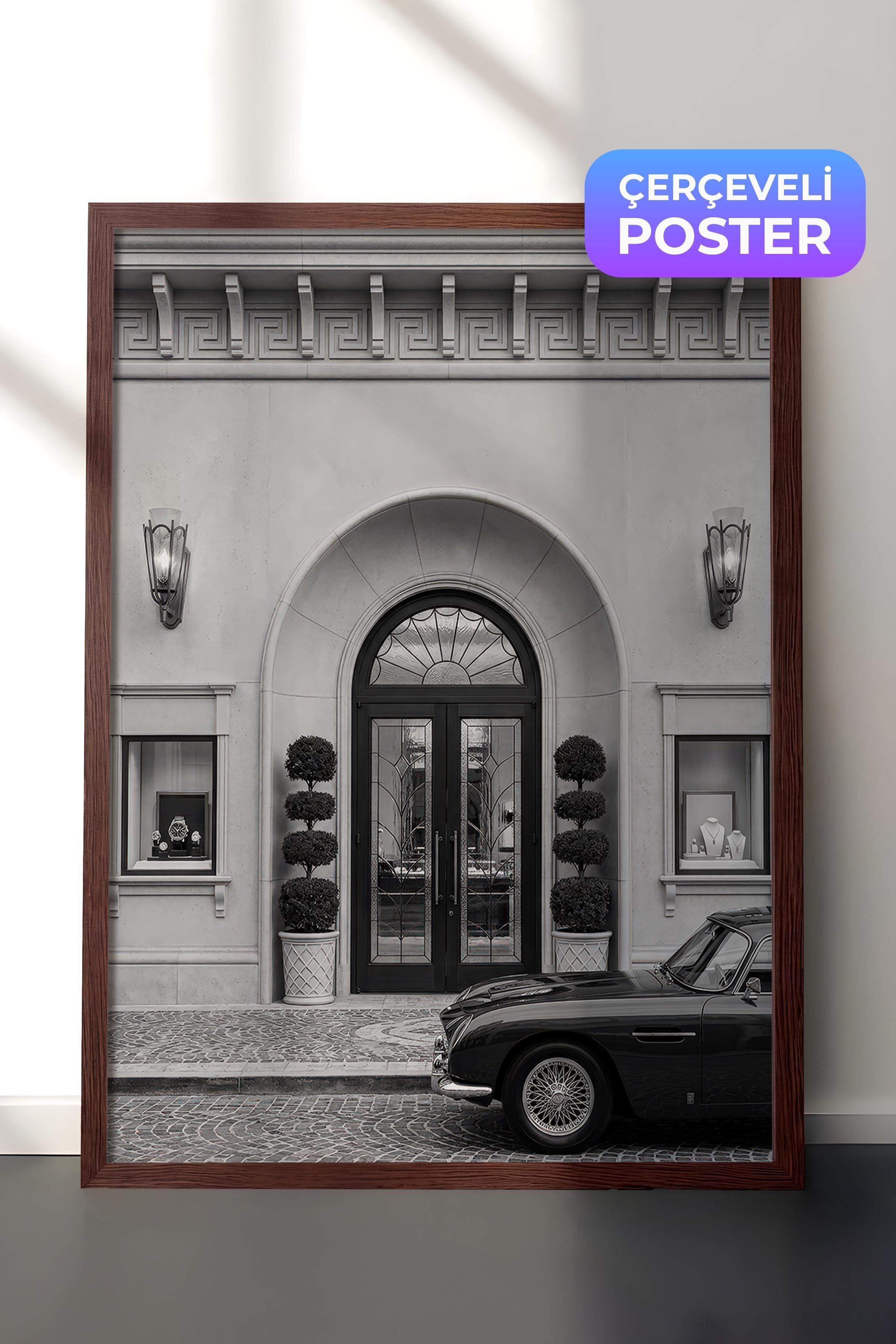 Bina ve Araba Posteri, Kahverengi Çerçeveli Poster, Old Money Serisi, NO:113138