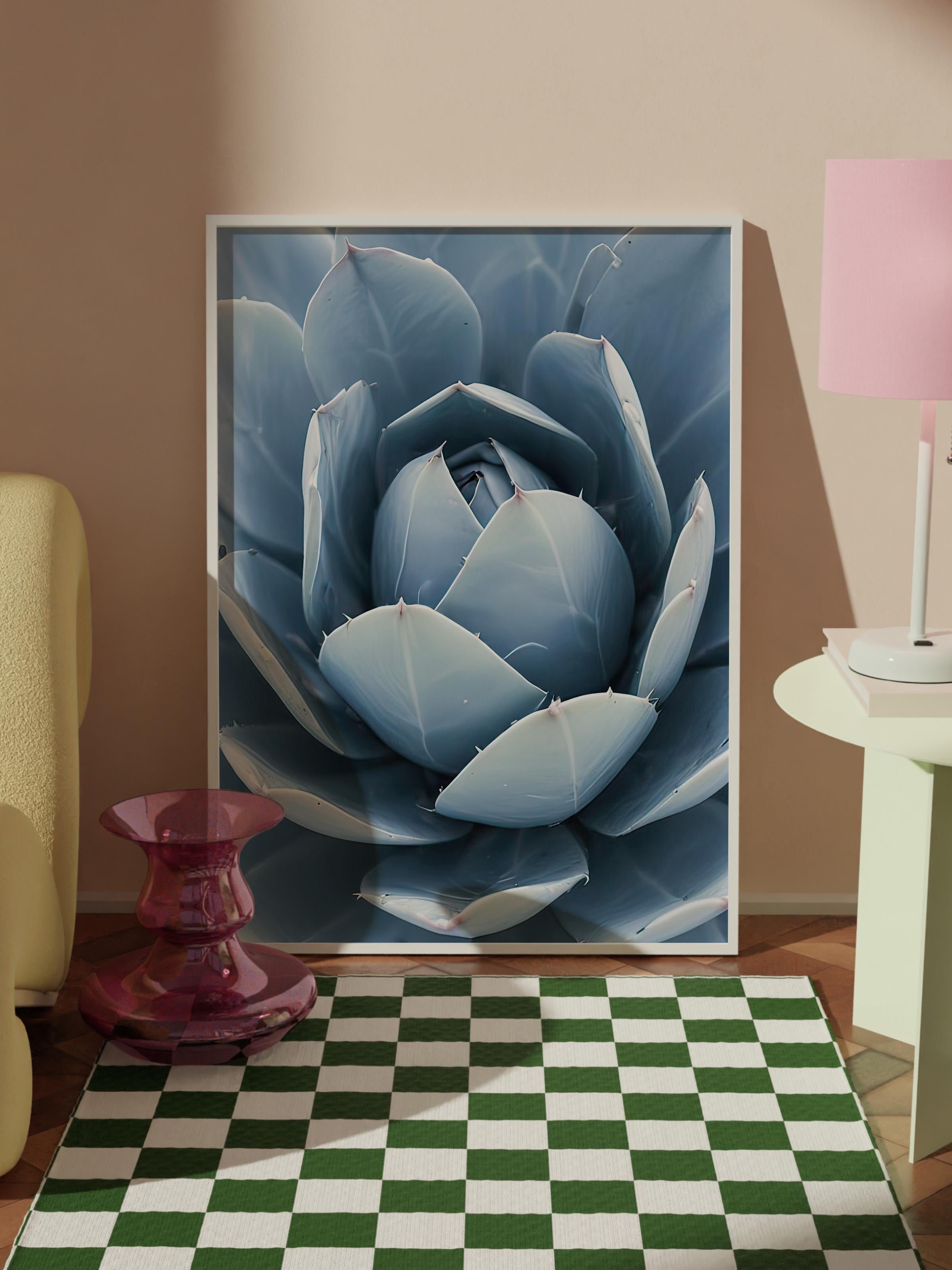 Blue Cactus Çerçeveli Tablo, Beyaz Çerçeve ve Poster, Dikey Duvar Tablosu Comfort Serisi NO:108376