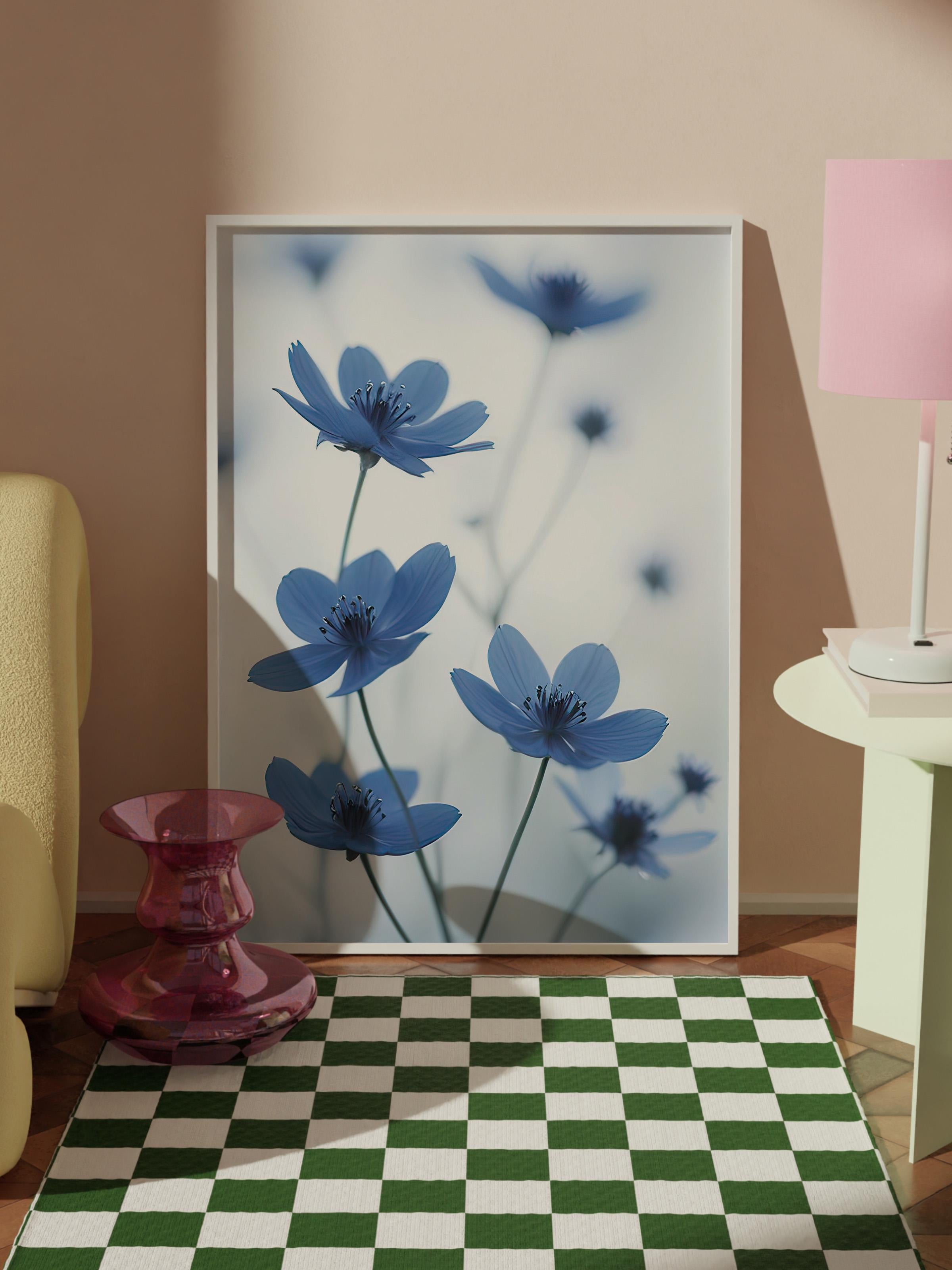 Blue Cosmos Flower Çerçeveli Tablo, Beyaz Çerçeve ve Poster, Duvar Tablosu Comfort Serisi NO:108373