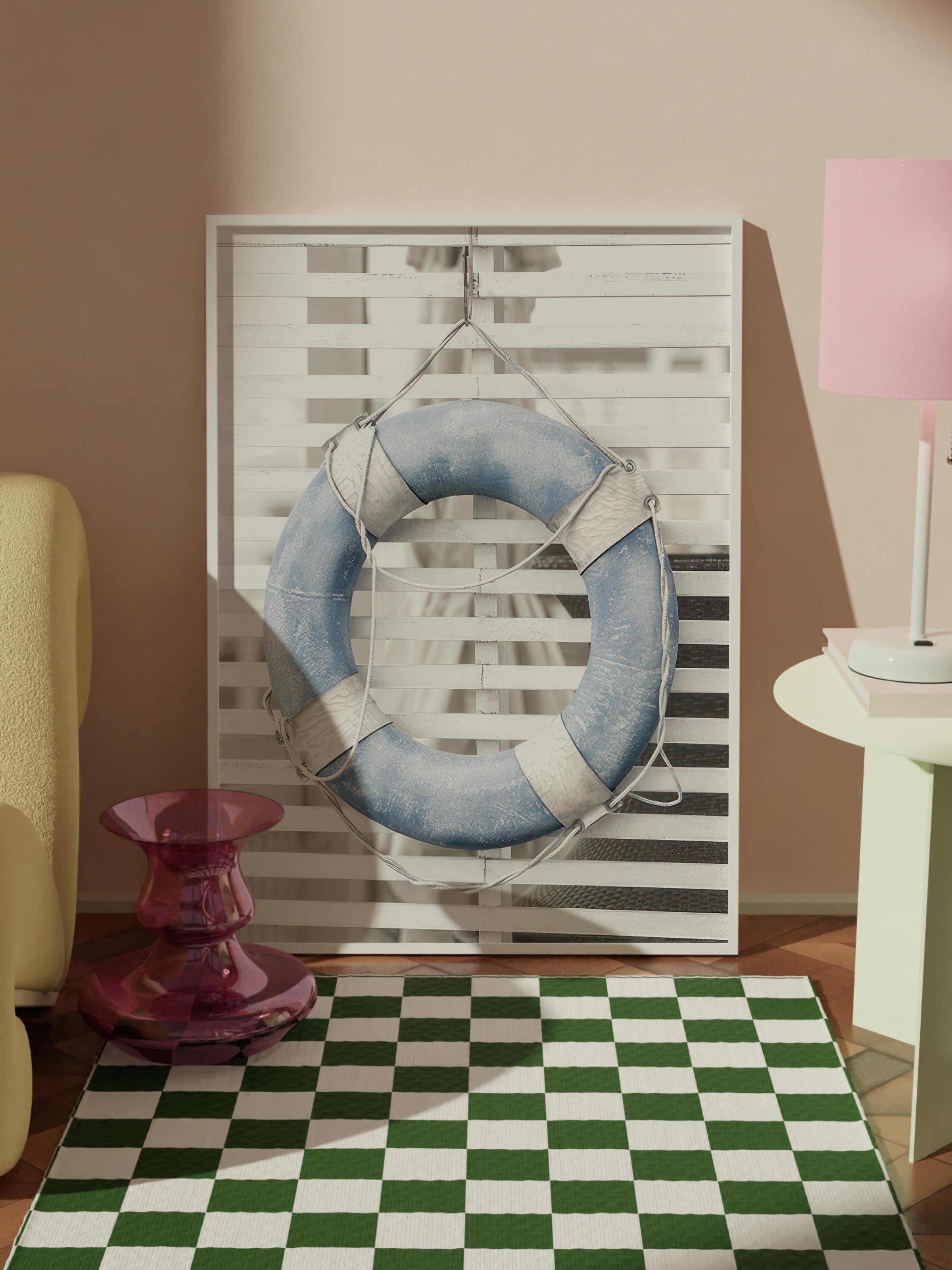 Blue Lifebuoy Çerçeveli Tablo, Beyaz Çerçeve ve Poster, Dikey Duvar Tablosu Comfort Serisi NO:108437