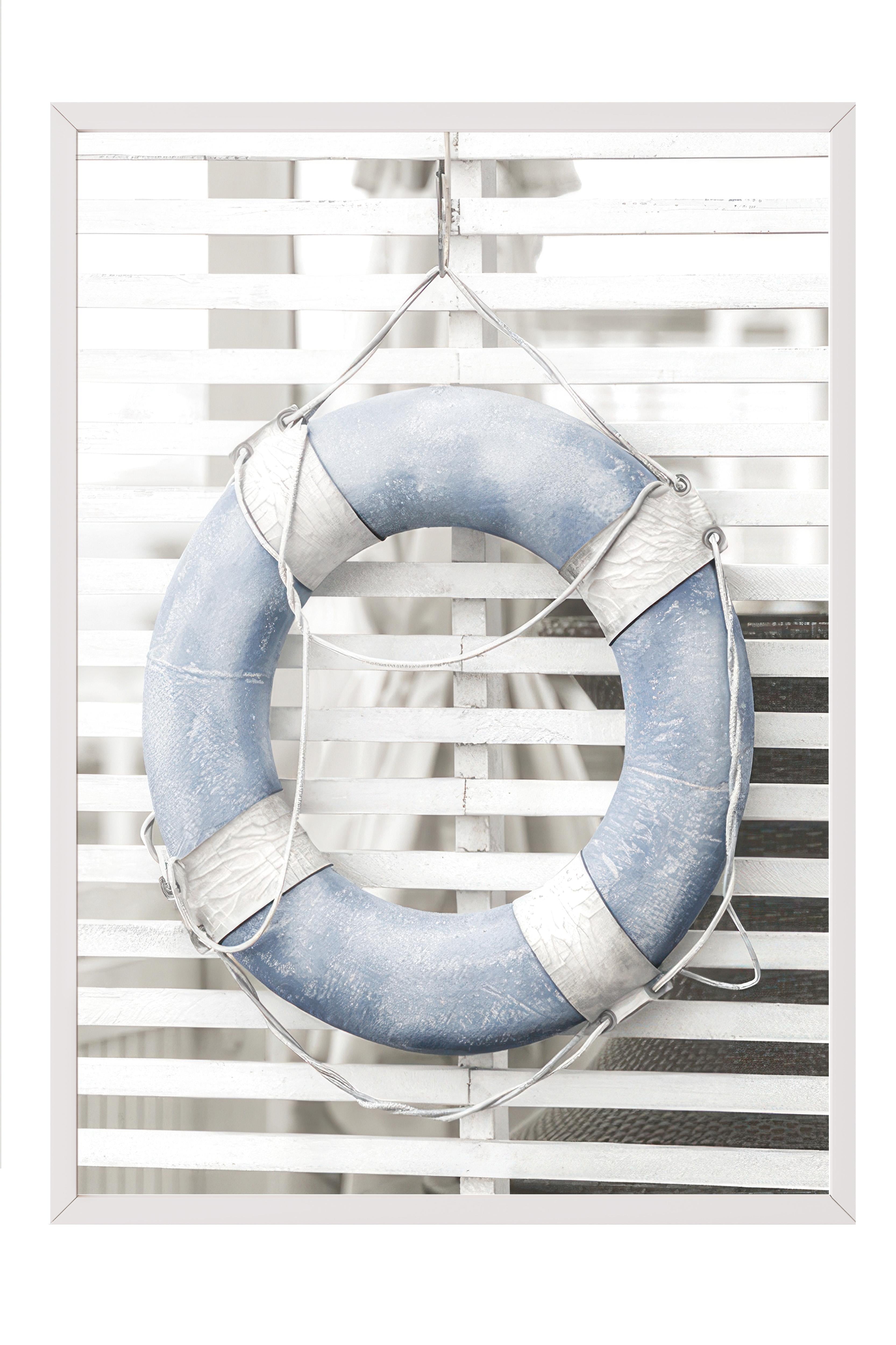 Blue Lifebuoy Çerçeveli Tablo, Beyaz Çerçeve ve Poster, Dikey Duvar Tablosu Comfort Serisi NO:108437