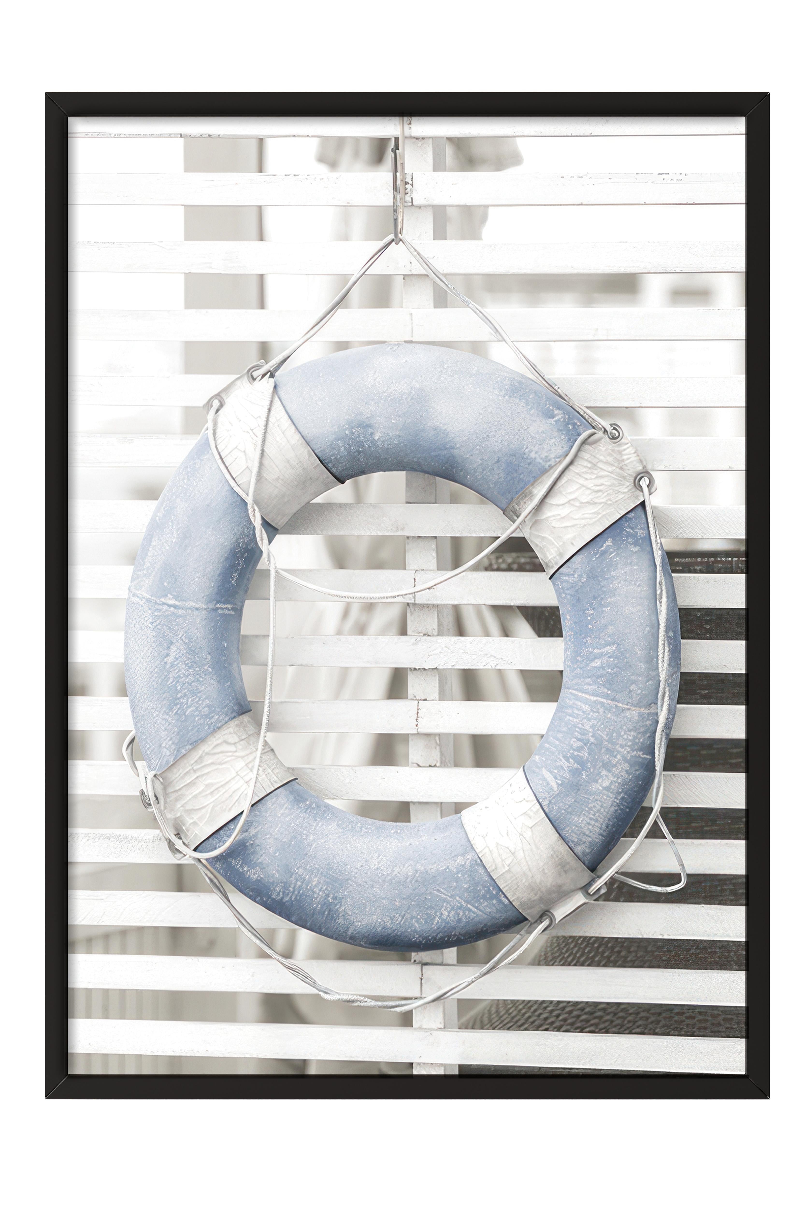 Blue Lifebuoy Çerçeveli Tablo, Siyah Çerçeve ve Poster, Dikey Duvar Tablosu Comfort Serisi NO:108437