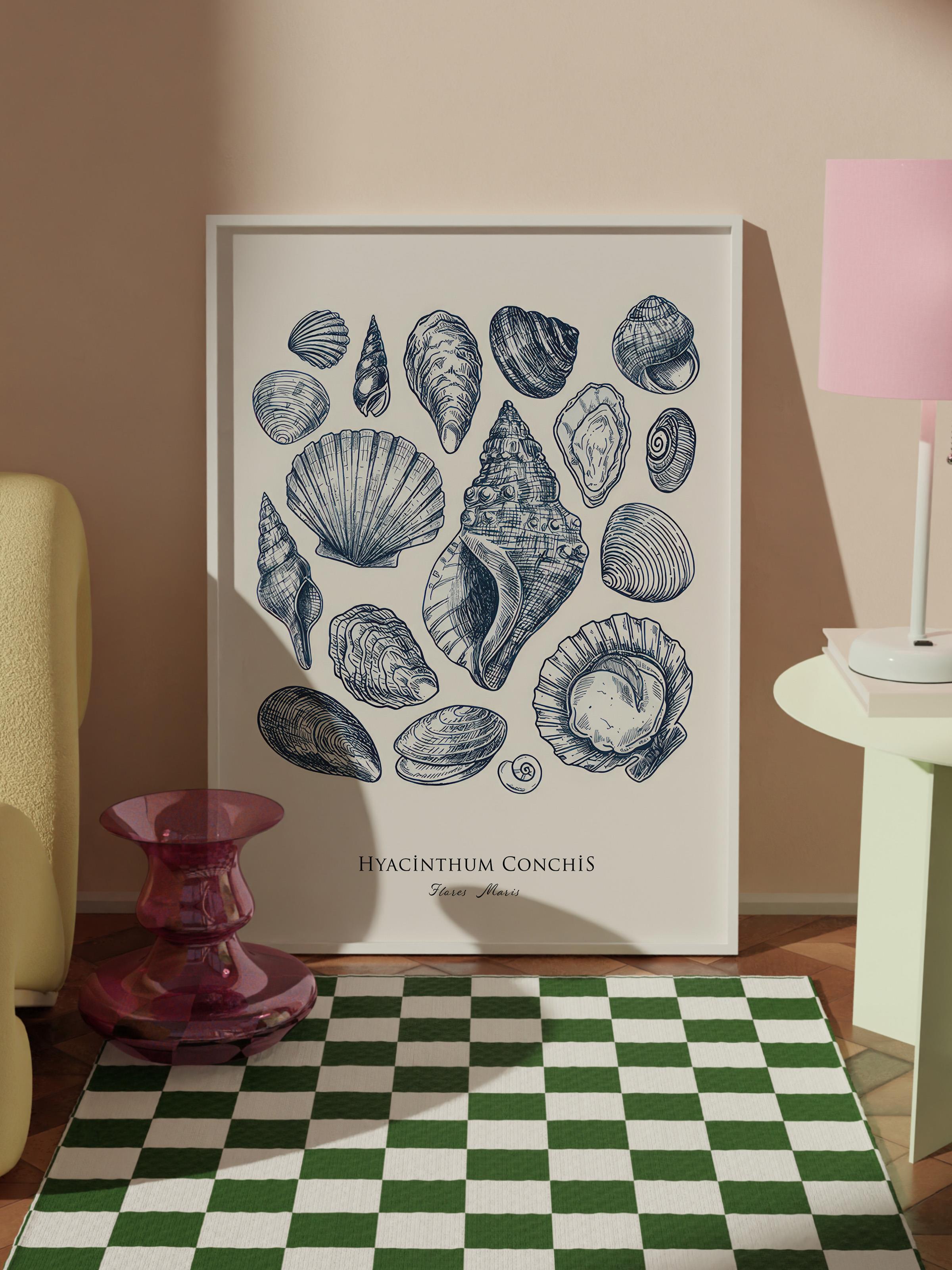 Blue Shells Çerçeveli Tablo, Beyaz Çerçeve ve Poster, Dikey Duvar Tablosu Comfort Serisi NO:108436