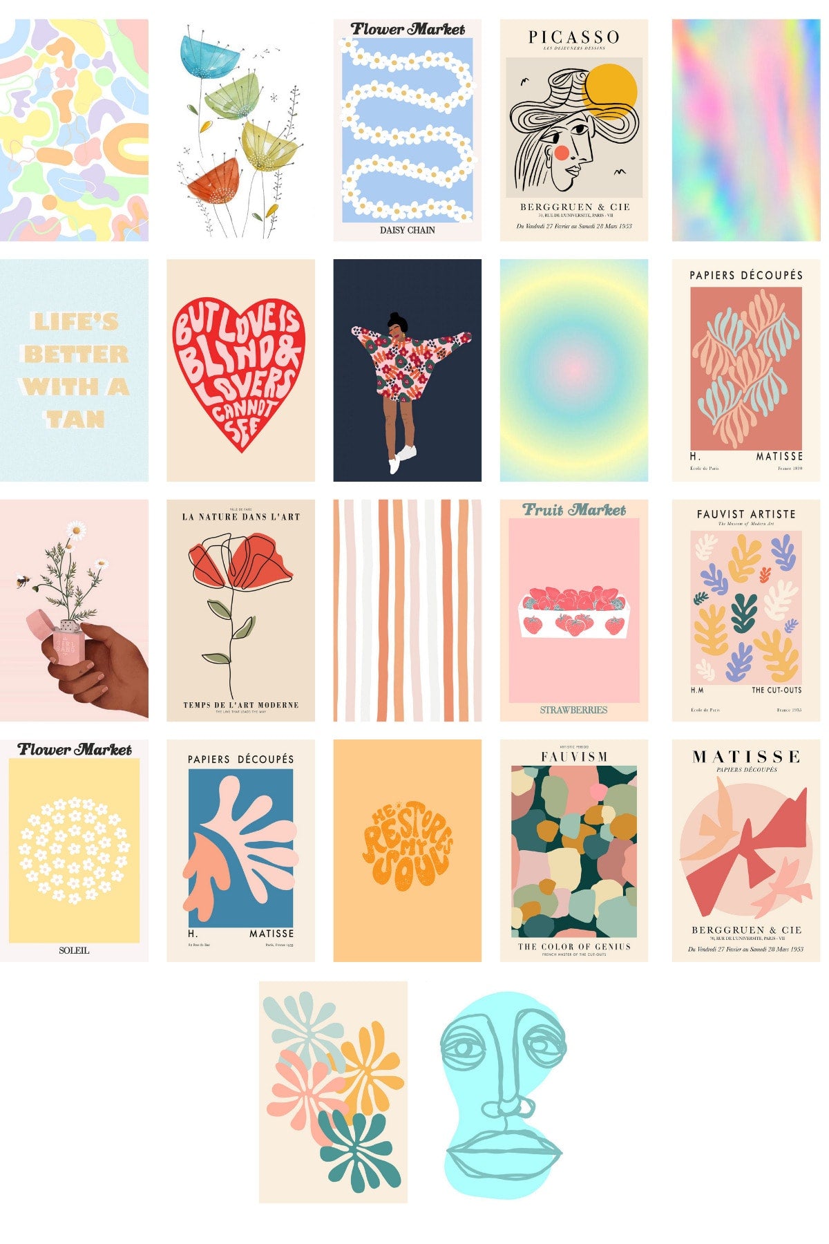 Boho Poster Seti - Arkası Yapışkanlı Poster Seti - 70 Adet Poster Kolaj Seti - Kutulu Set