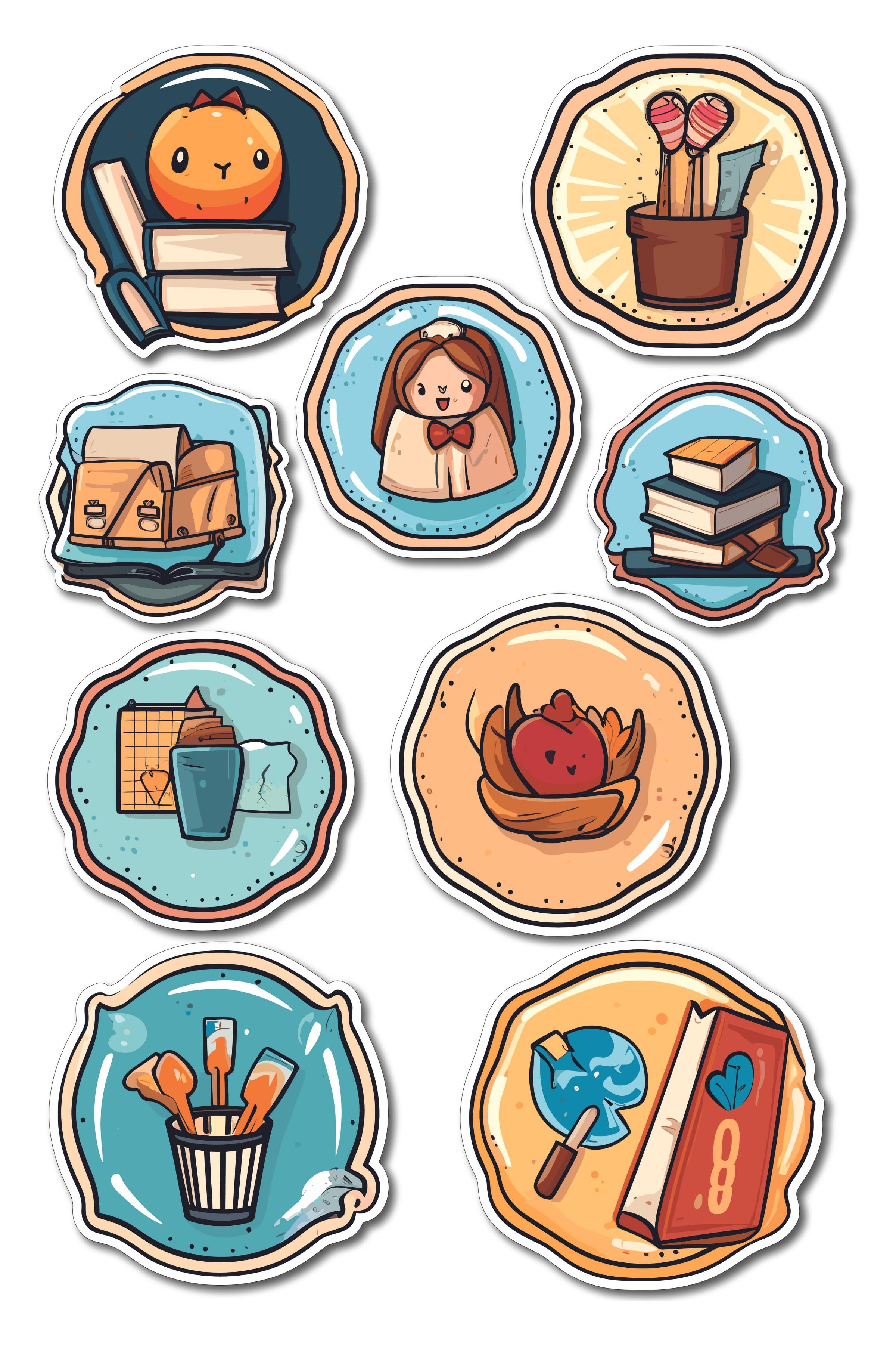 Books & Art Temalı Sticker ve Etiket Seti - Orta Boy - Su Geçirmez, Kalın Yapışkanlı Sticker Seti