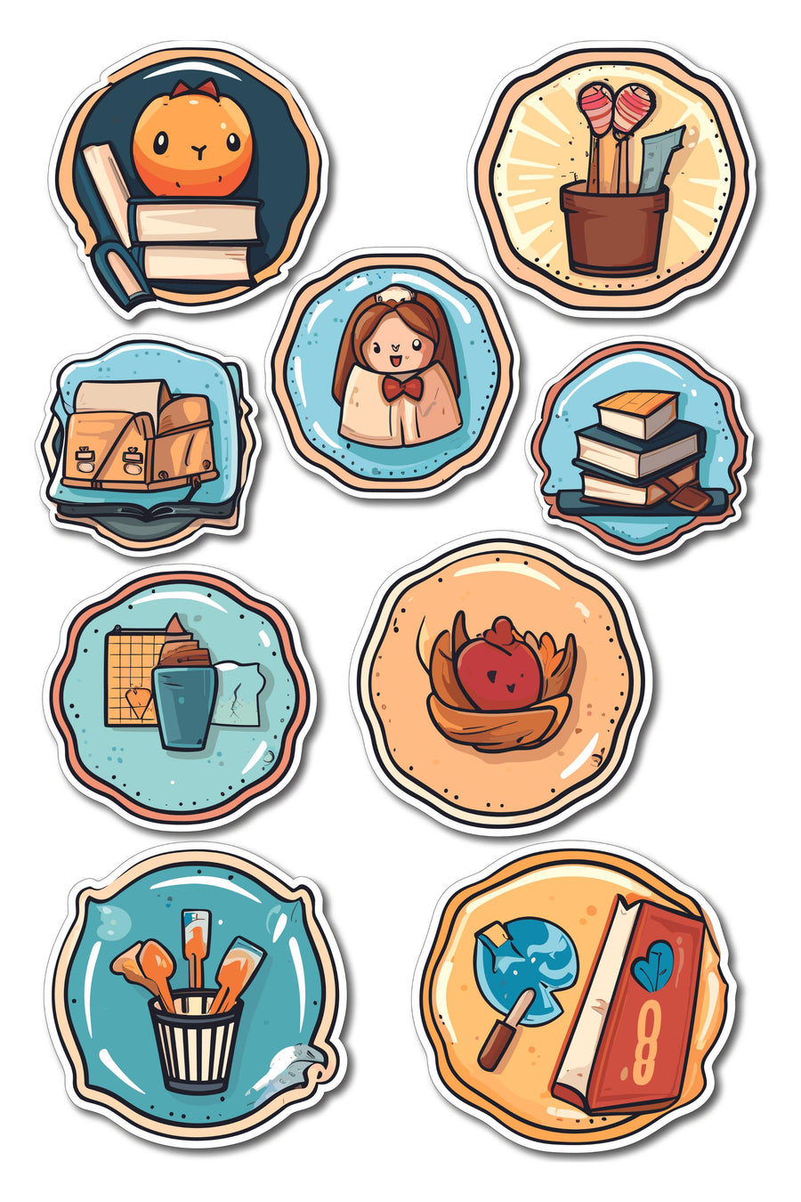 Books & Art Temalı Sticker ve Etiket Seti - Orta Boy - Su Geçirmez, Kalın Yapışkanlı Sticker Seti
