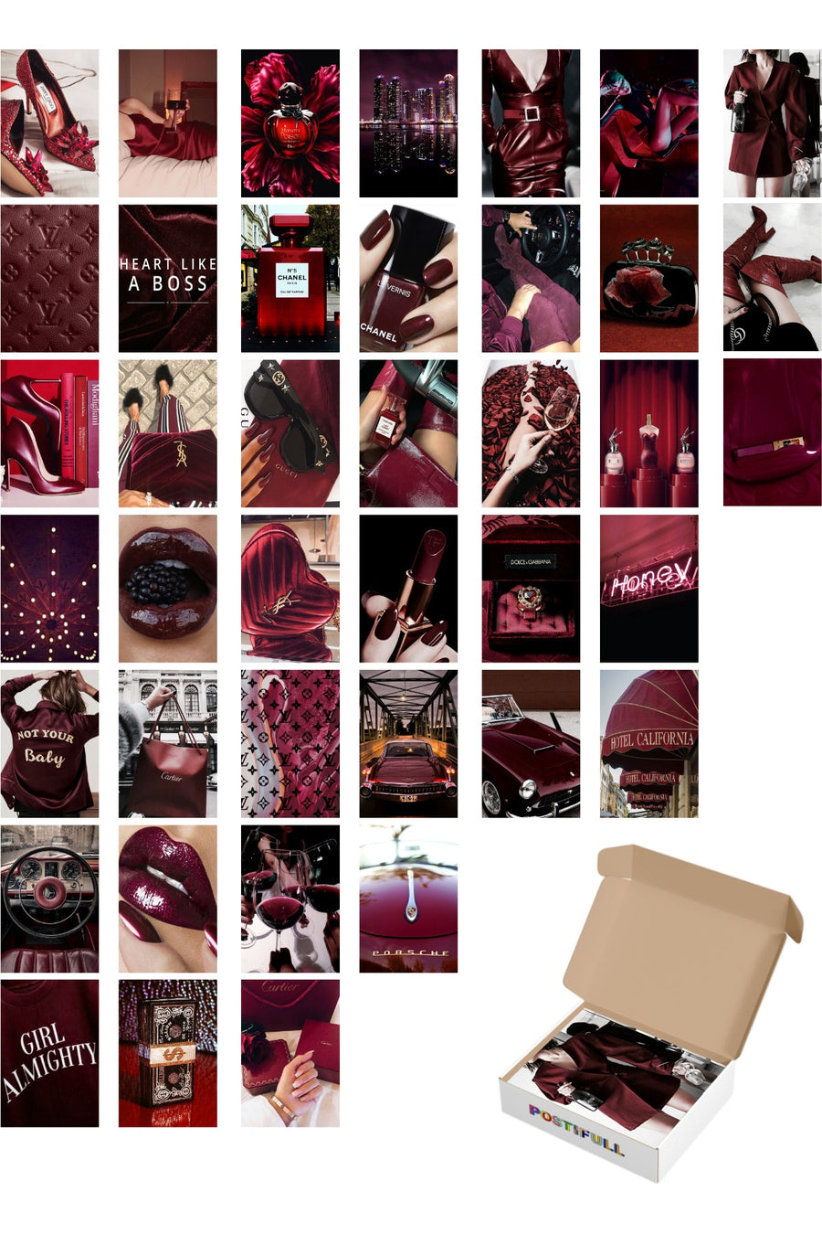 Bordo Duvar Poster Seti - 40 Adet - Arkası Yapışkanlı Kolaj Seti - 10cm*15cm - Kutulu Set