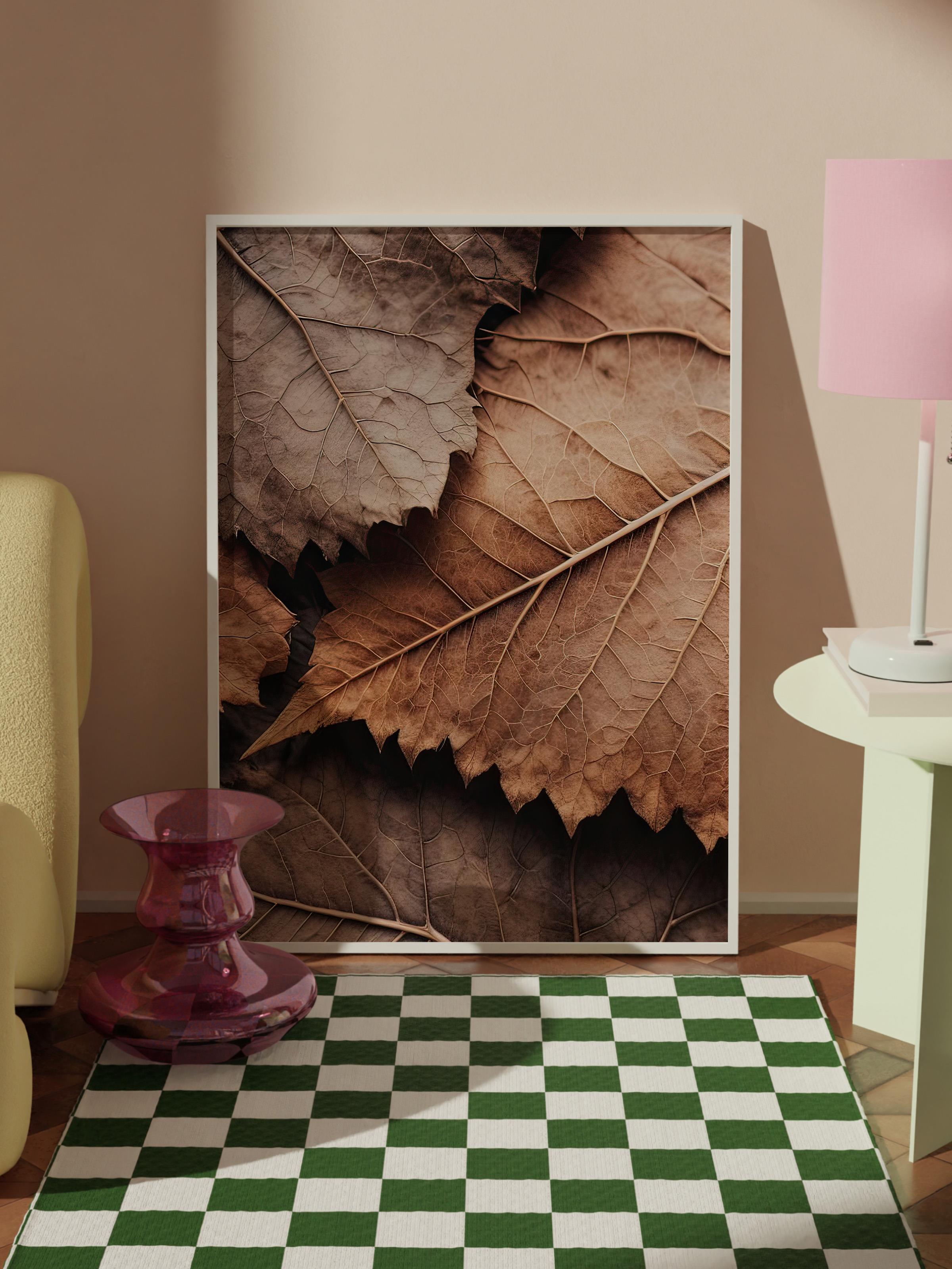 Brown Leaves Çerçeveli Tablo, Beyaz Çerçeve ve Poster, Dikey Duvar Tablosu Comfort Serisi NO:108315