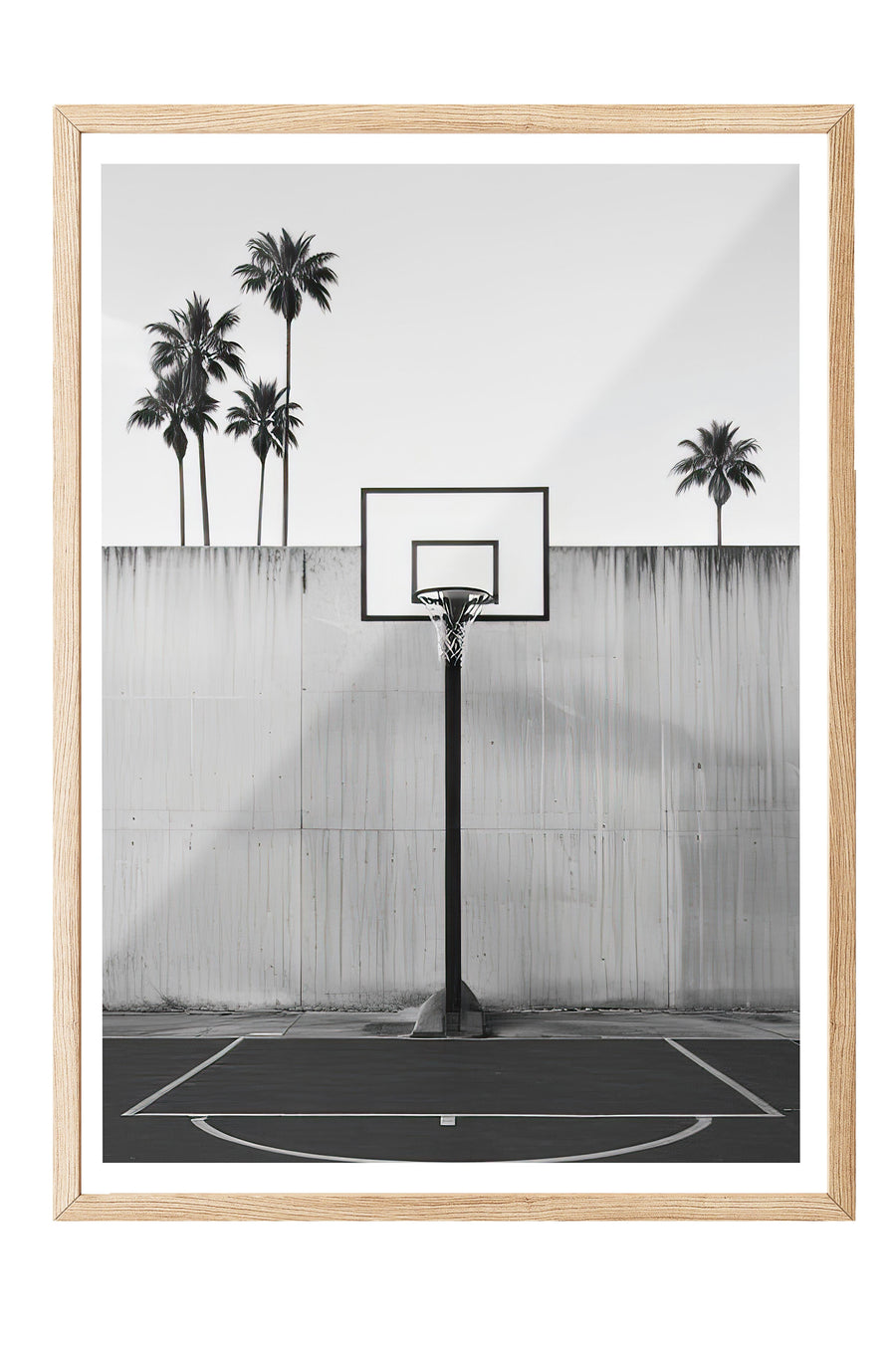 Palmiyeli Basketbol Sahası Comfort Serisi Poster – Ahşap Çerçeveli Tablo