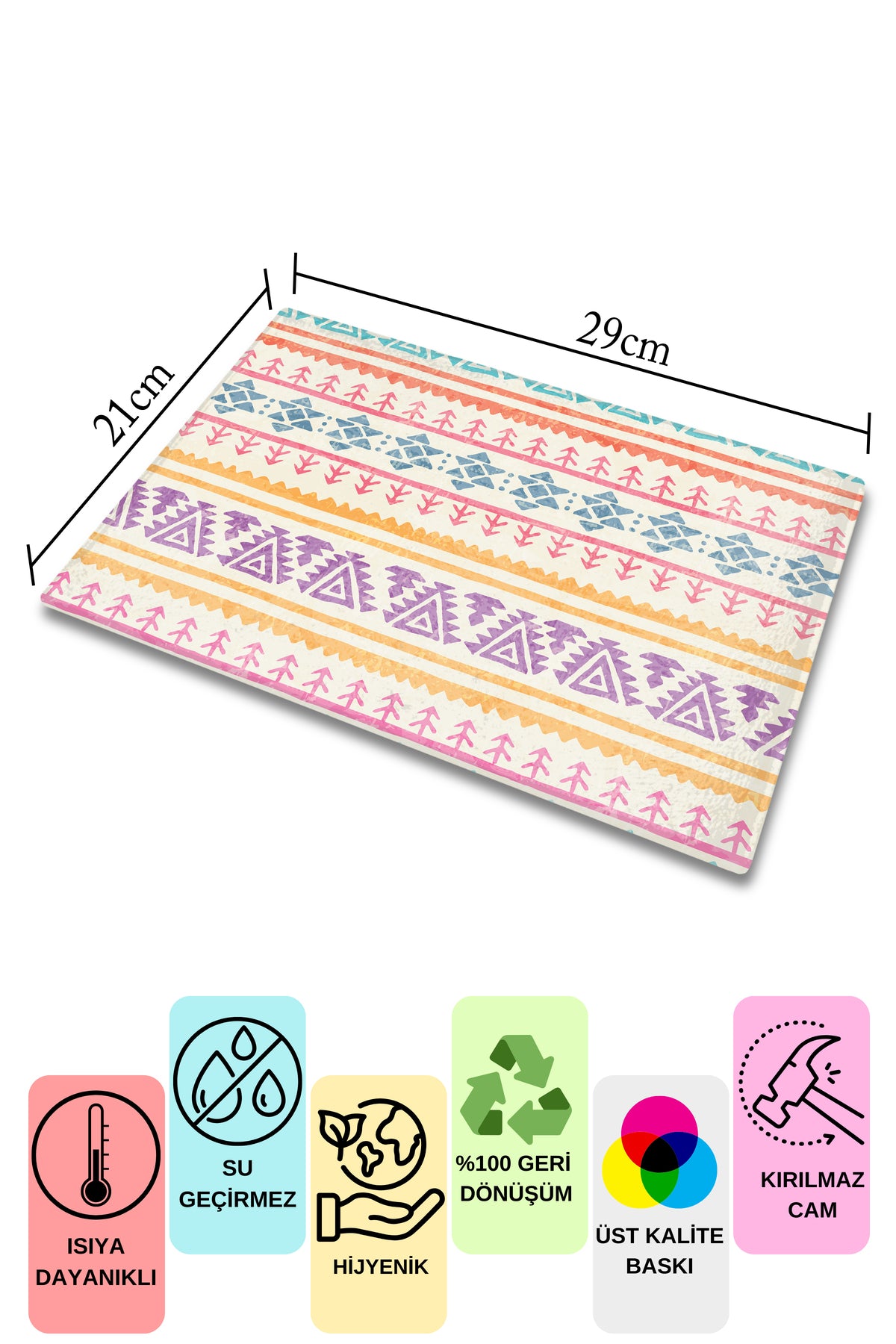 Cam Kesme Tahtası - Boho Temalı - 21*30cm - Doğrama Tahtası - Estetik, Dekoratif Sunum Tahtası