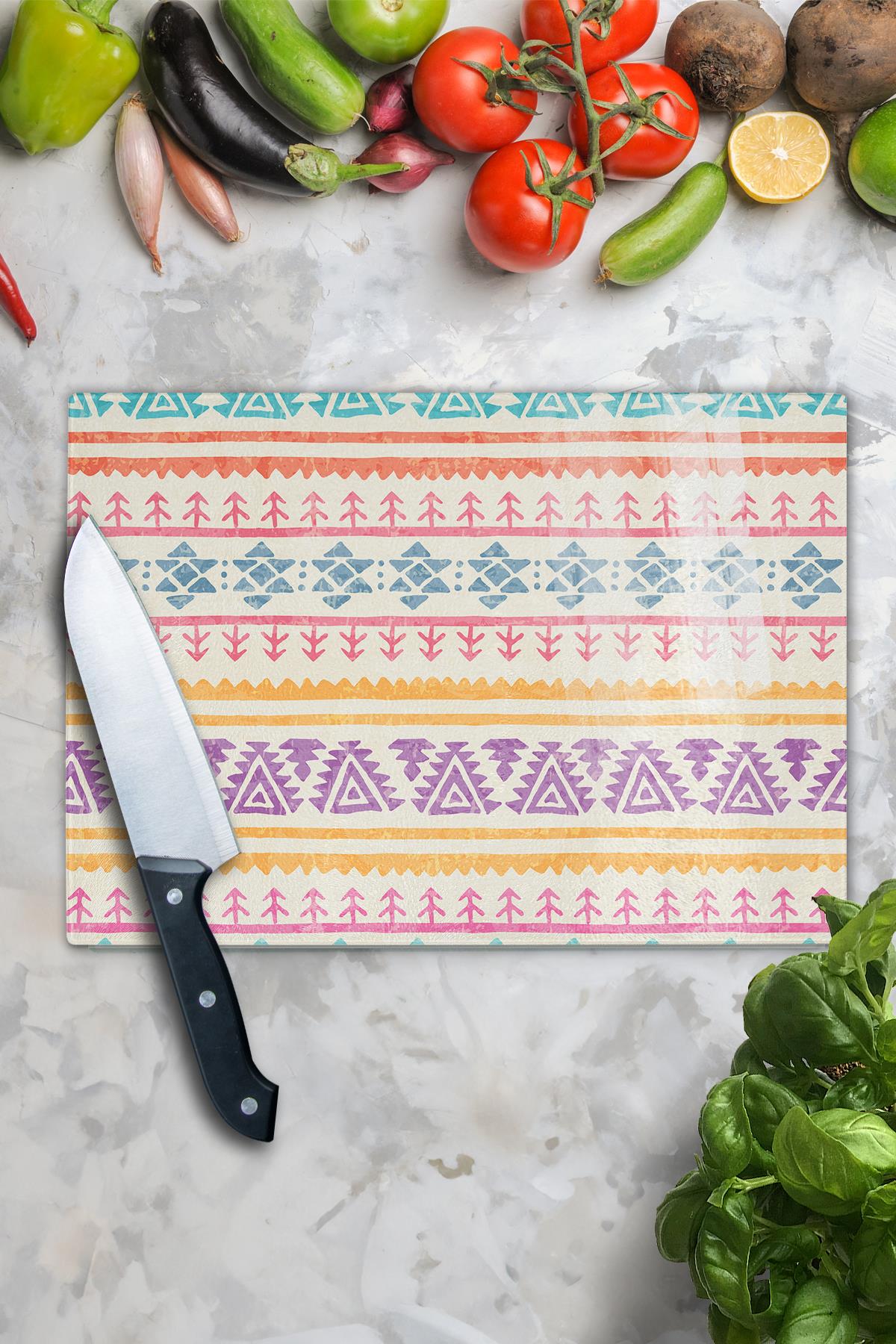 Cam Kesme Tahtası - Boho Temalı - 21*30cm - Doğrama Tahtası - Estetik, Dekoratif Sunum Tahtası