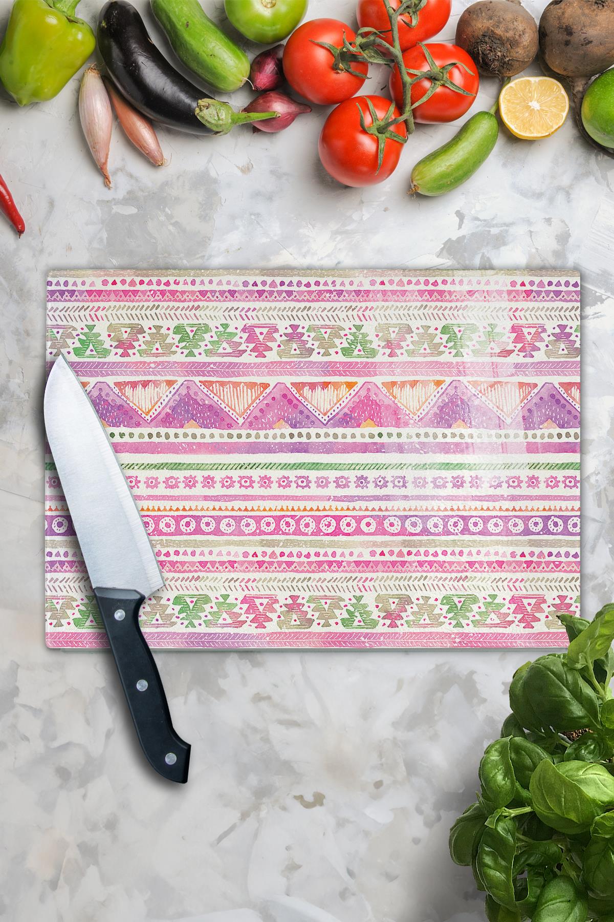 Cam Kesme Tahtası - Boho Temalı - 21*30cm - Doğrama Tahtası - Estetik, Dekoratif Sunum Tahtası