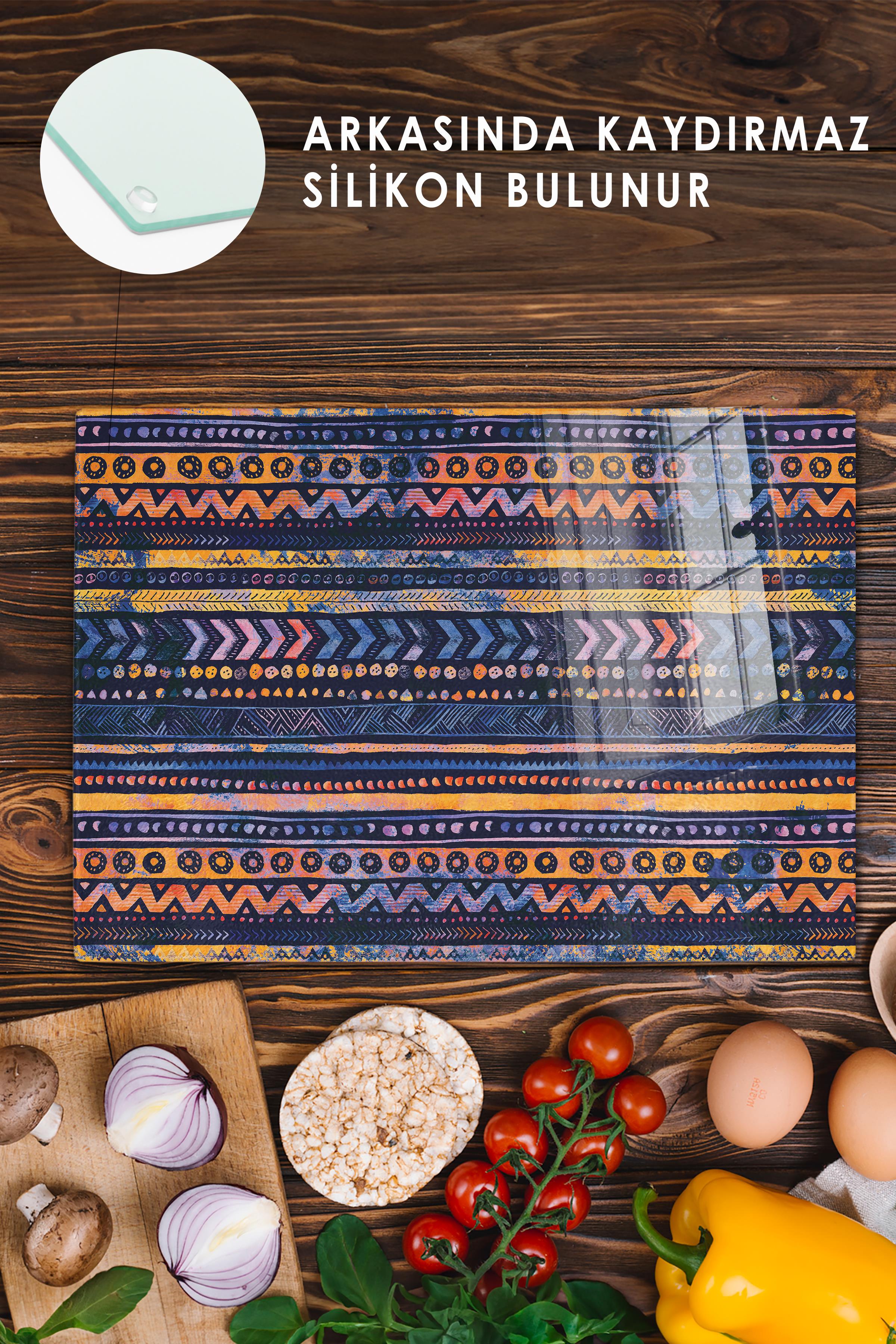 Cam Kesme Tahtası, Kalın Ve Kırılmaz Cam - Boho Temalı - 21*30cm - Doğrama Tahtası, Mutfak Dekoru
