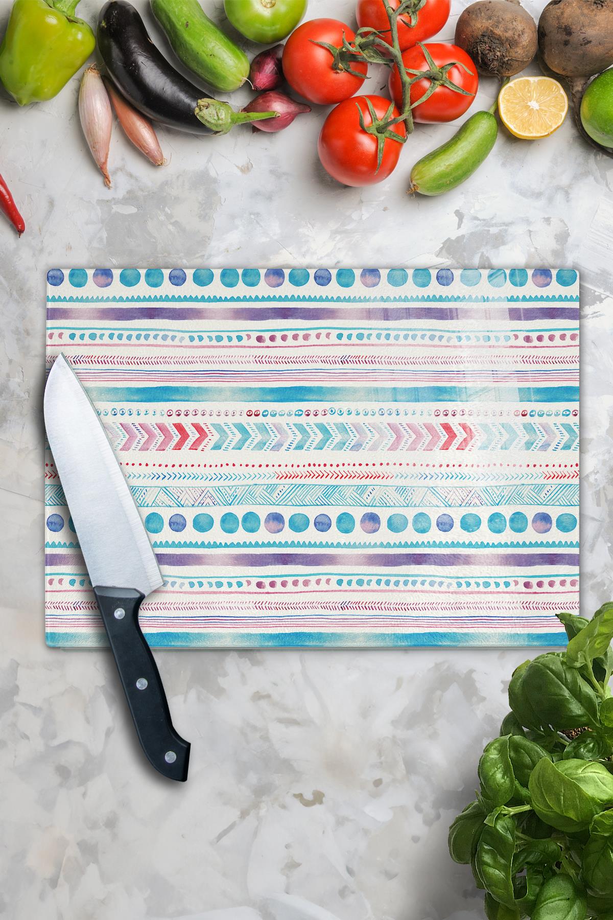 Cam Kesme Tahtası, Kalın Ve Kırılmaz Cam - Boho Temalı - 21*30cm - Doğrama Tahtası, Mutfak Dekoru