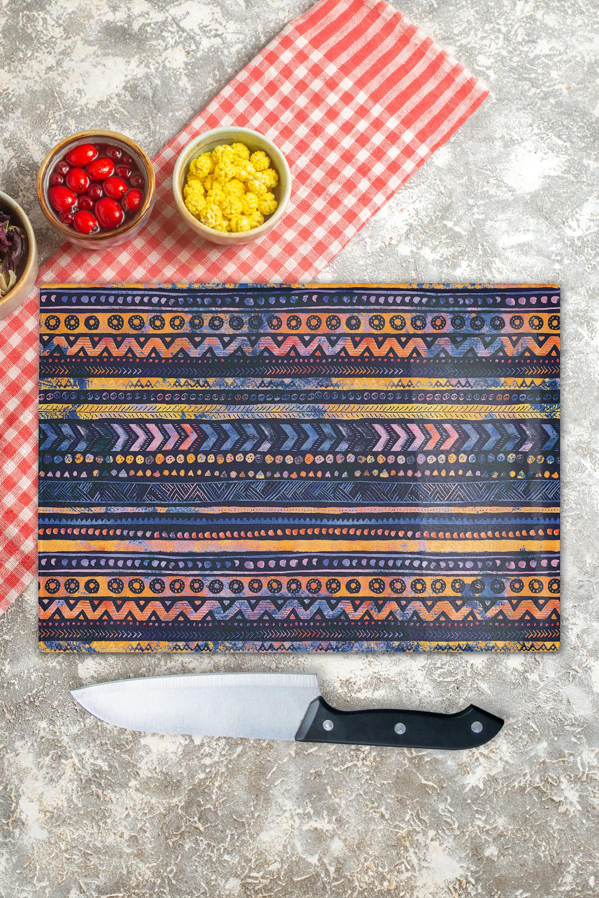 Cam Kesme Tahtası, Kalın Ve Kırılmaz Cam - Boho Temalı - 21*30cm - Doğrama Tahtası, Mutfak Dekoru