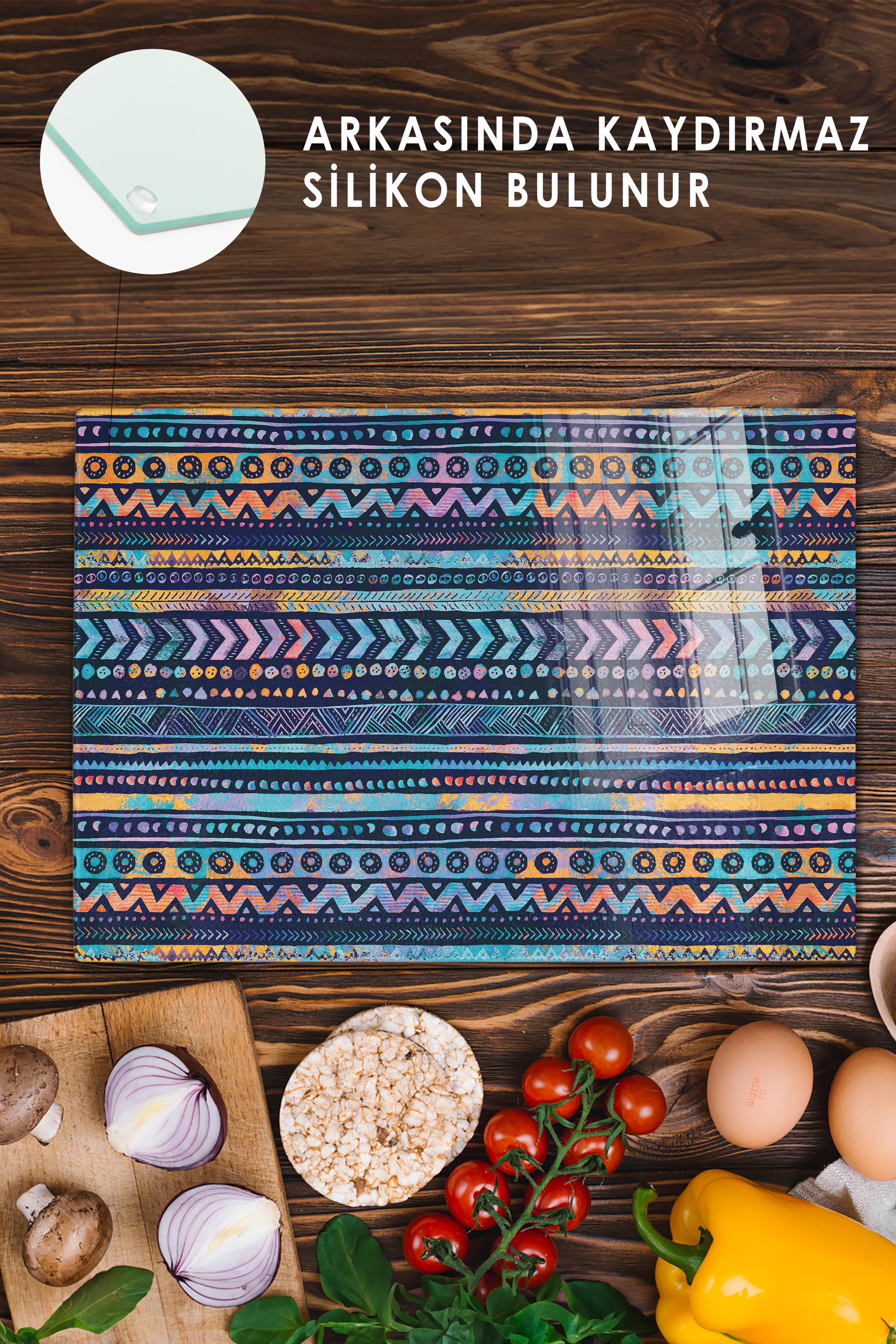 Cam Kesme Tahtası, Kalın Ve Kırılmaz Cam - Boho Temalı - 21*30cm - Doğrama Tahtası, Mutfak Dekoru