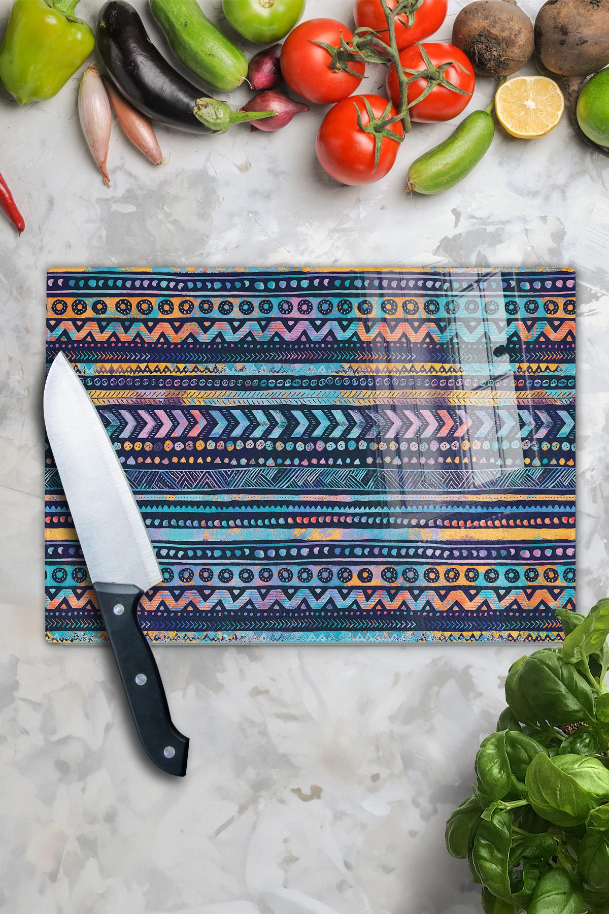 Cam Kesme Tahtası, Kalın Ve Kırılmaz Cam - Boho Temalı - 21*30cm - Doğrama Tahtası, Mutfak Dekoru