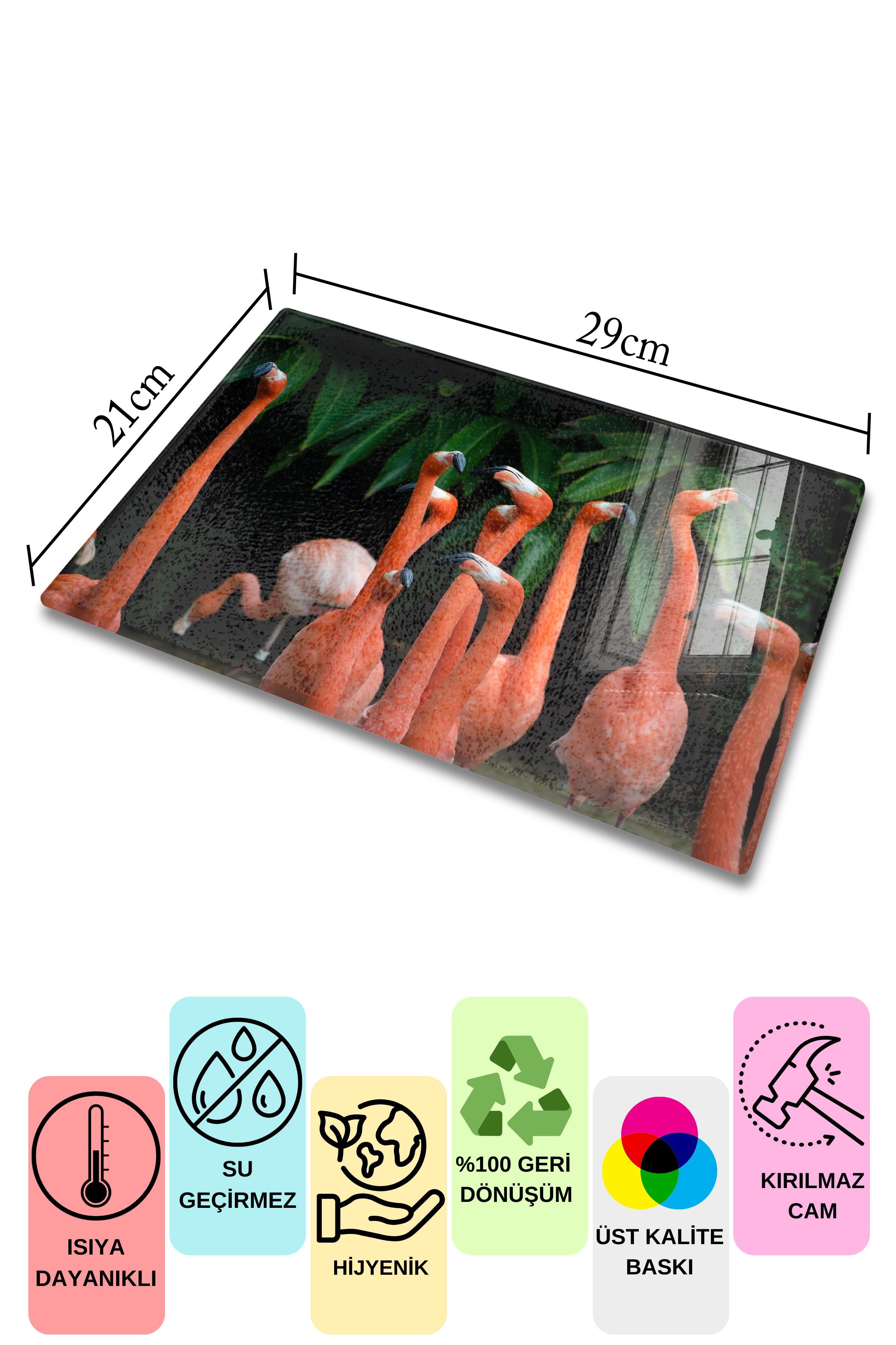 Cam Kesme Tahtası, Kalın Ve Kırılmaz Cam - Flamingo Tema - 21*30cm - Doğrama Tahtası, Mutfak Dekoru