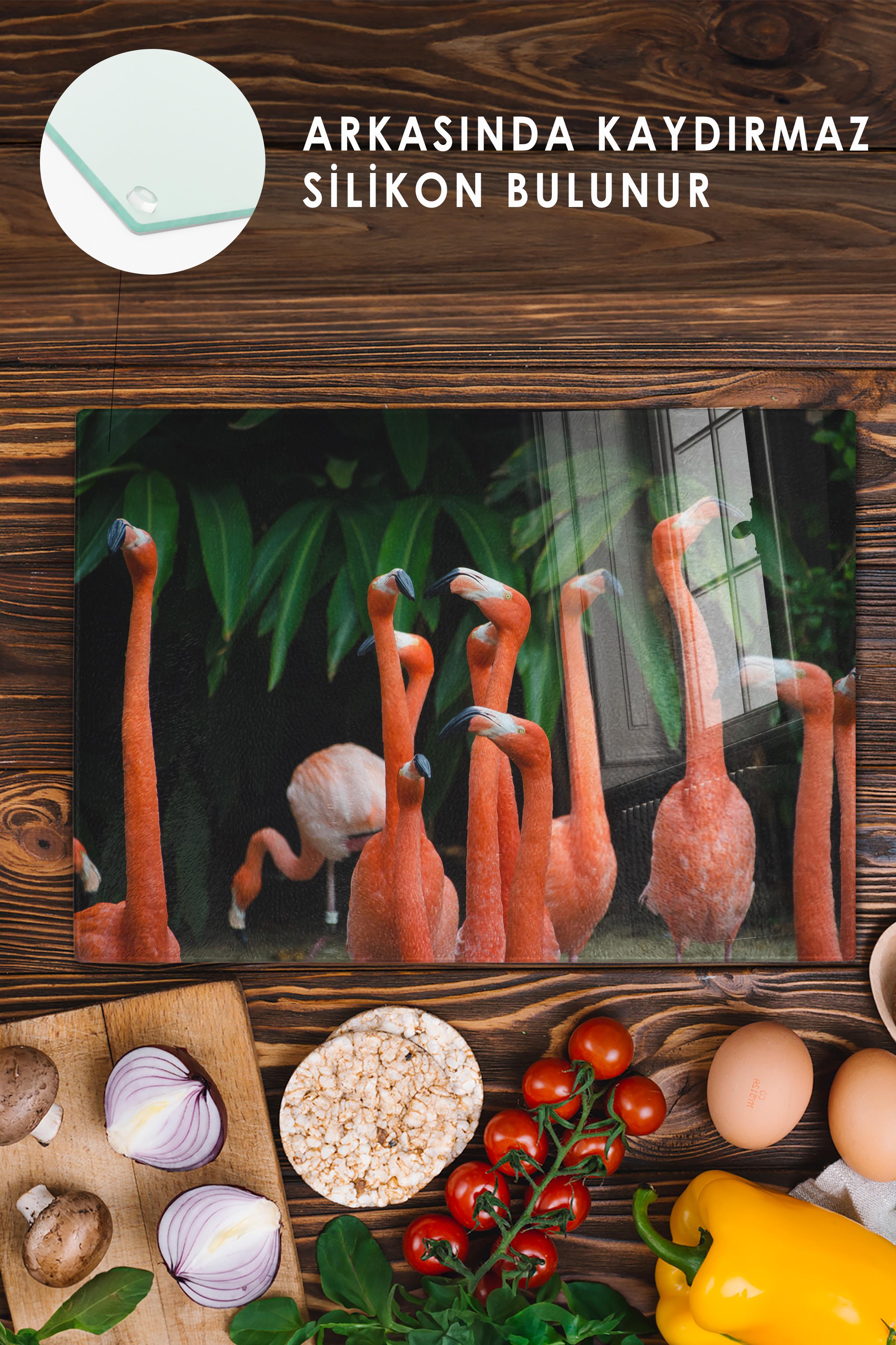 Cam Kesme Tahtası, Kalın Ve Kırılmaz Cam - Flamingo Tema - 21*30cm - Doğrama Tahtası, Mutfak Dekoru