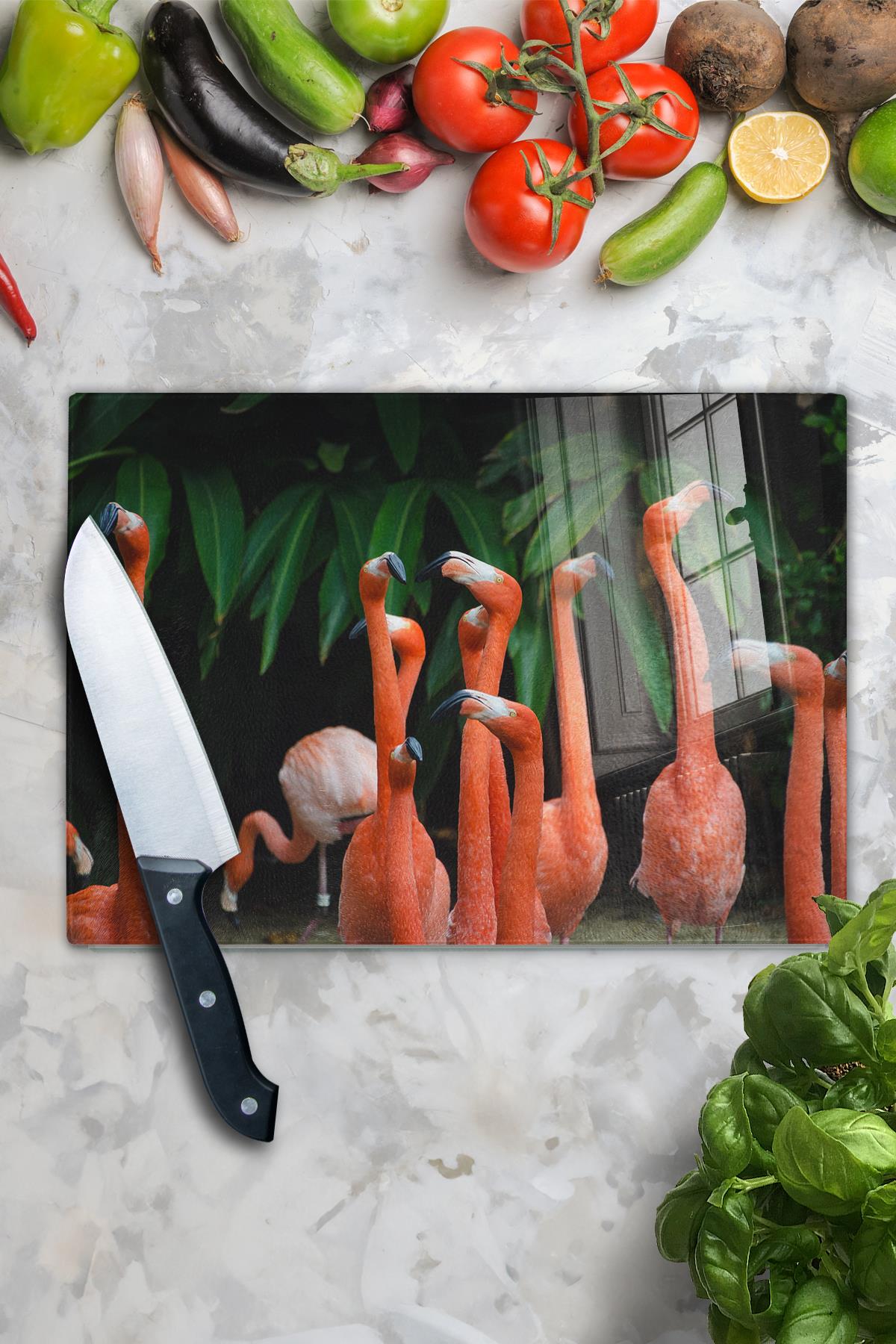 Cam Kesme Tahtası, Kalın Ve Kırılmaz Cam - Flamingo Tema - 21*30cm - Doğrama Tahtası, Mutfak Dekoru