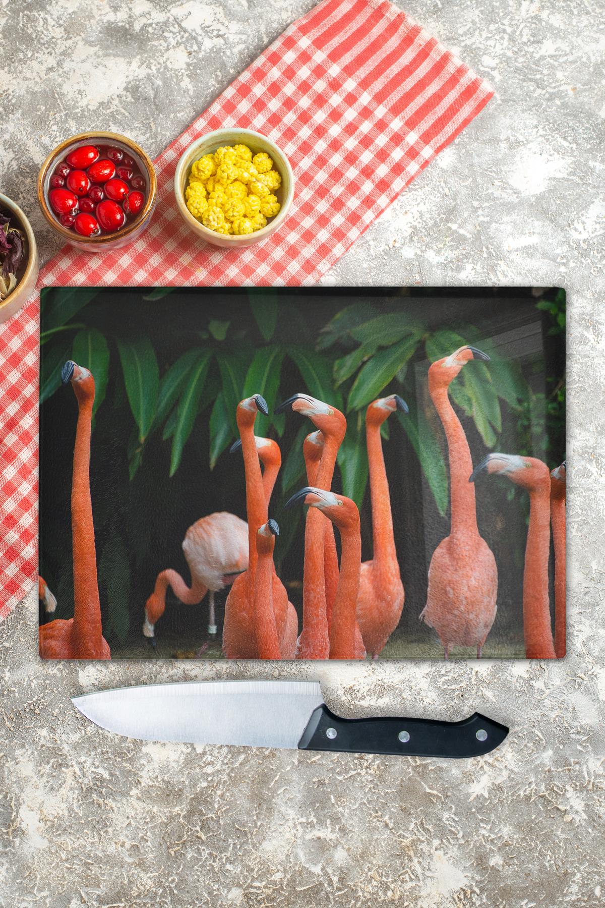 Cam Kesme Tahtası, Kalın Ve Kırılmaz Cam - Flamingo Tema - 21*30cm - Doğrama Tahtası, Mutfak Dekoru