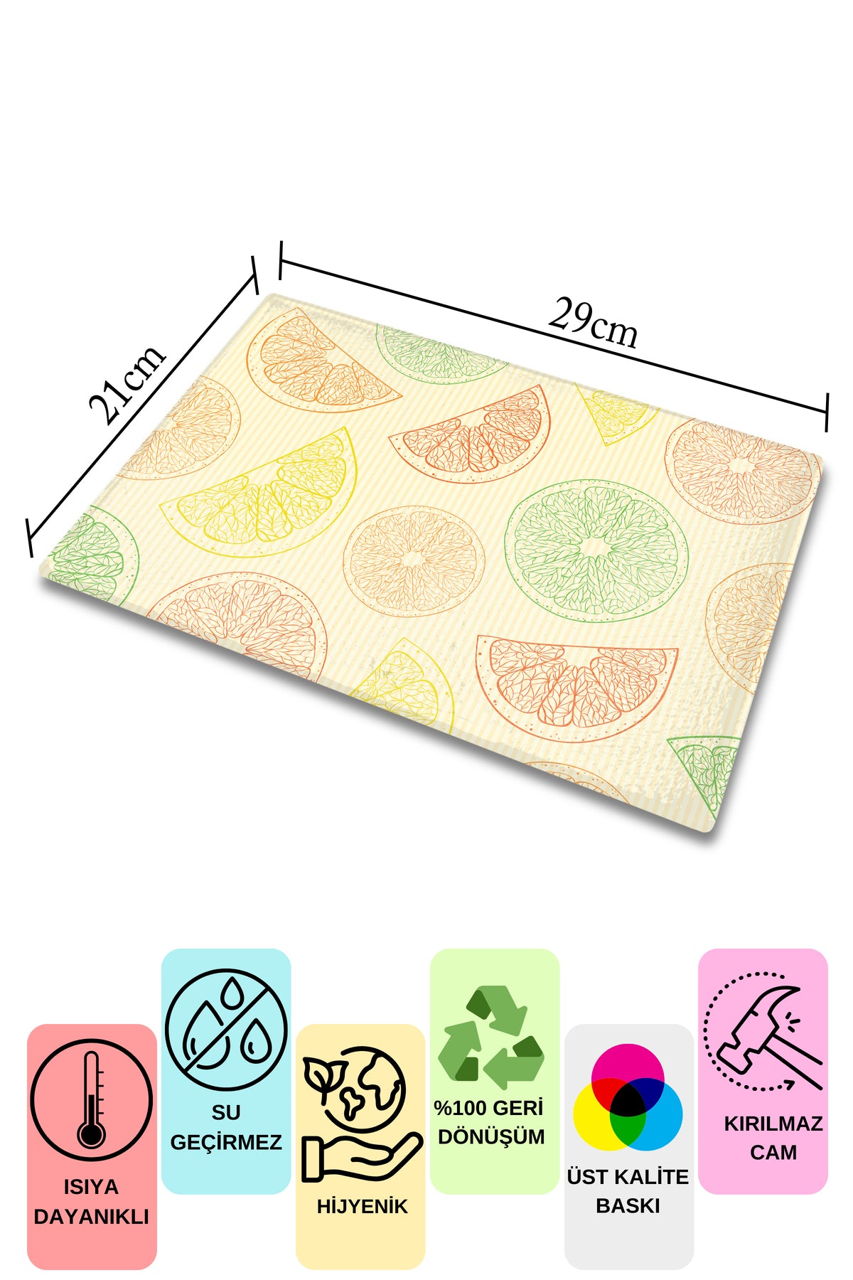 Cam Kesme Tahtası, Kalın Ve Kırılmaz Cam - Limon Temalı - 21*30cm - Doğrama Tahtası, Mutfak Dekoru