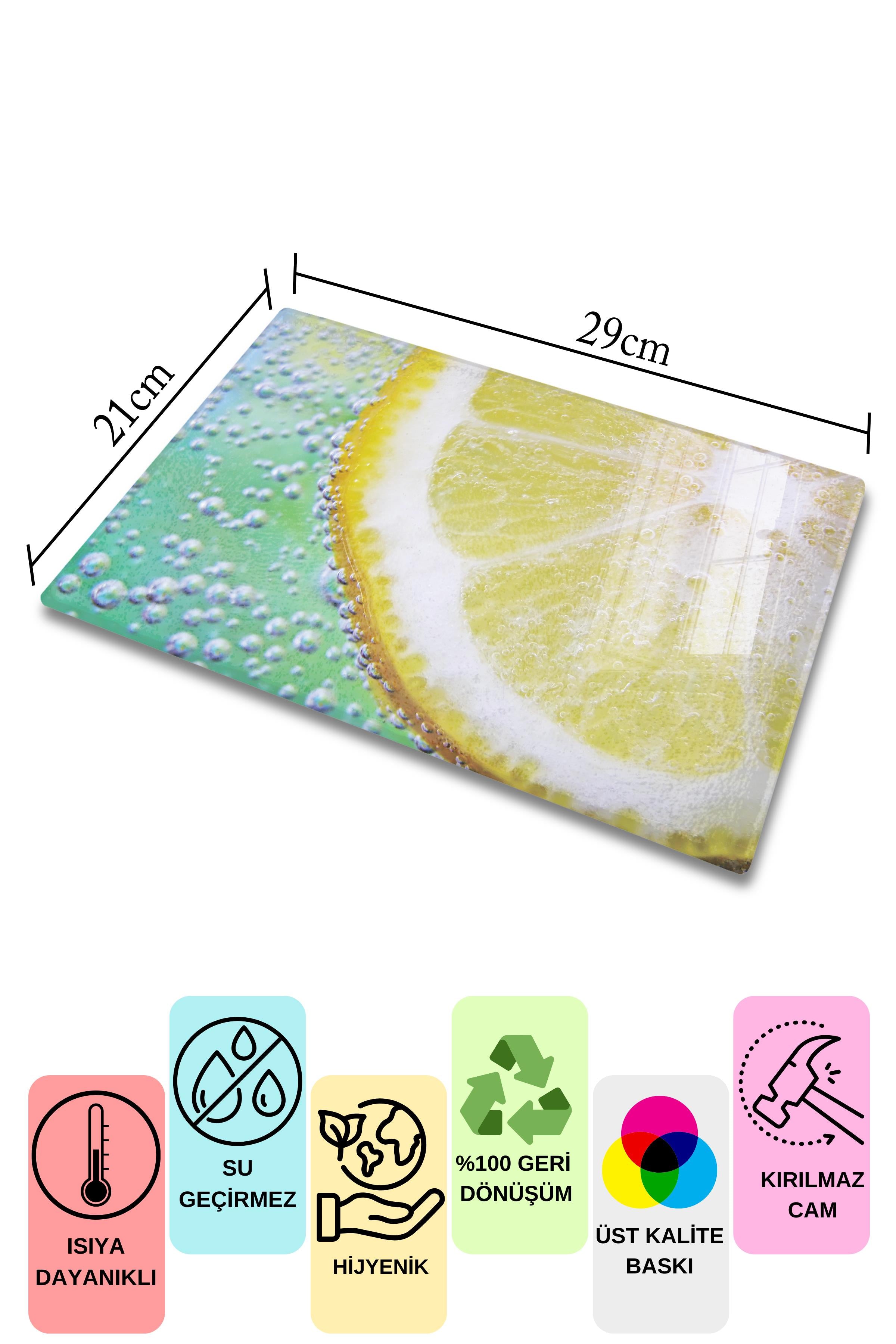 Cam Kesme Tahtası, Kalın Ve Kırılmaz Cam - Limon Temalı - 21*30cm - Doğrama Tahtası, Mutfak Dekoru