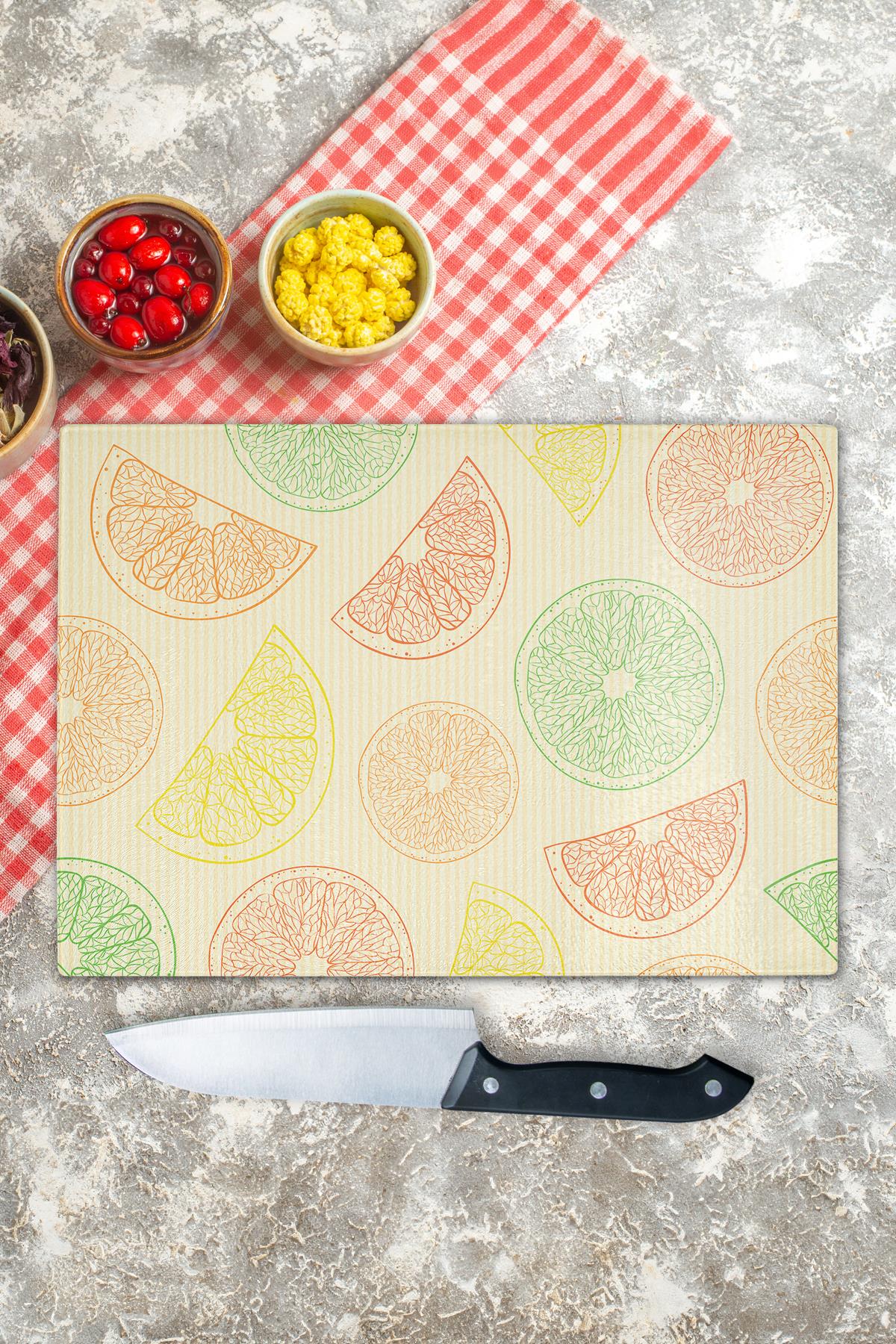 Cam Kesme Tahtası, Kalın Ve Kırılmaz Cam - Limon Temalı - 21*30cm - Doğrama Tahtası, Mutfak Dekoru