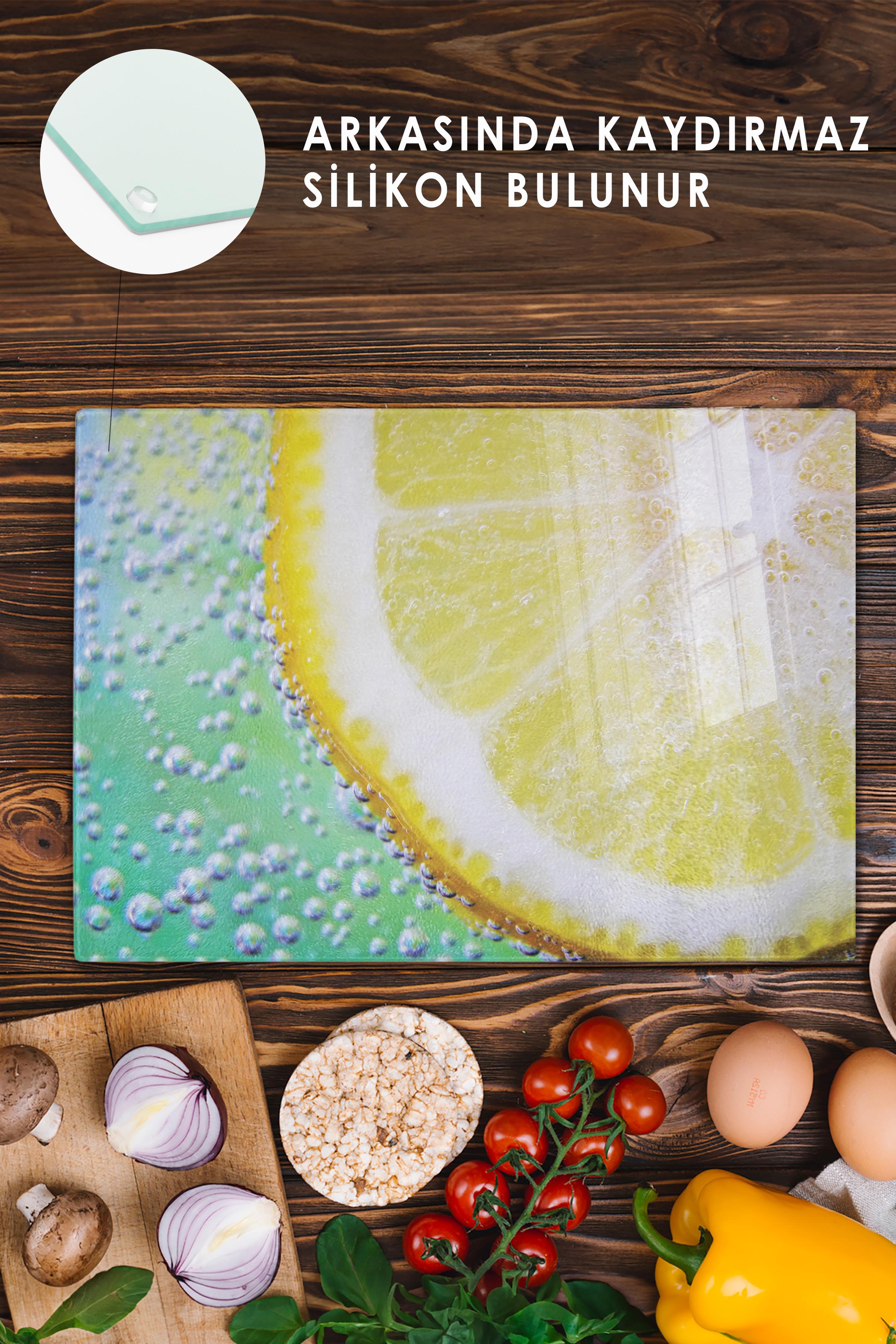 Cam Kesme Tahtası, Kalın Ve Kırılmaz Cam - Limon Temalı - 21*30cm - Doğrama Tahtası, Mutfak Dekoru