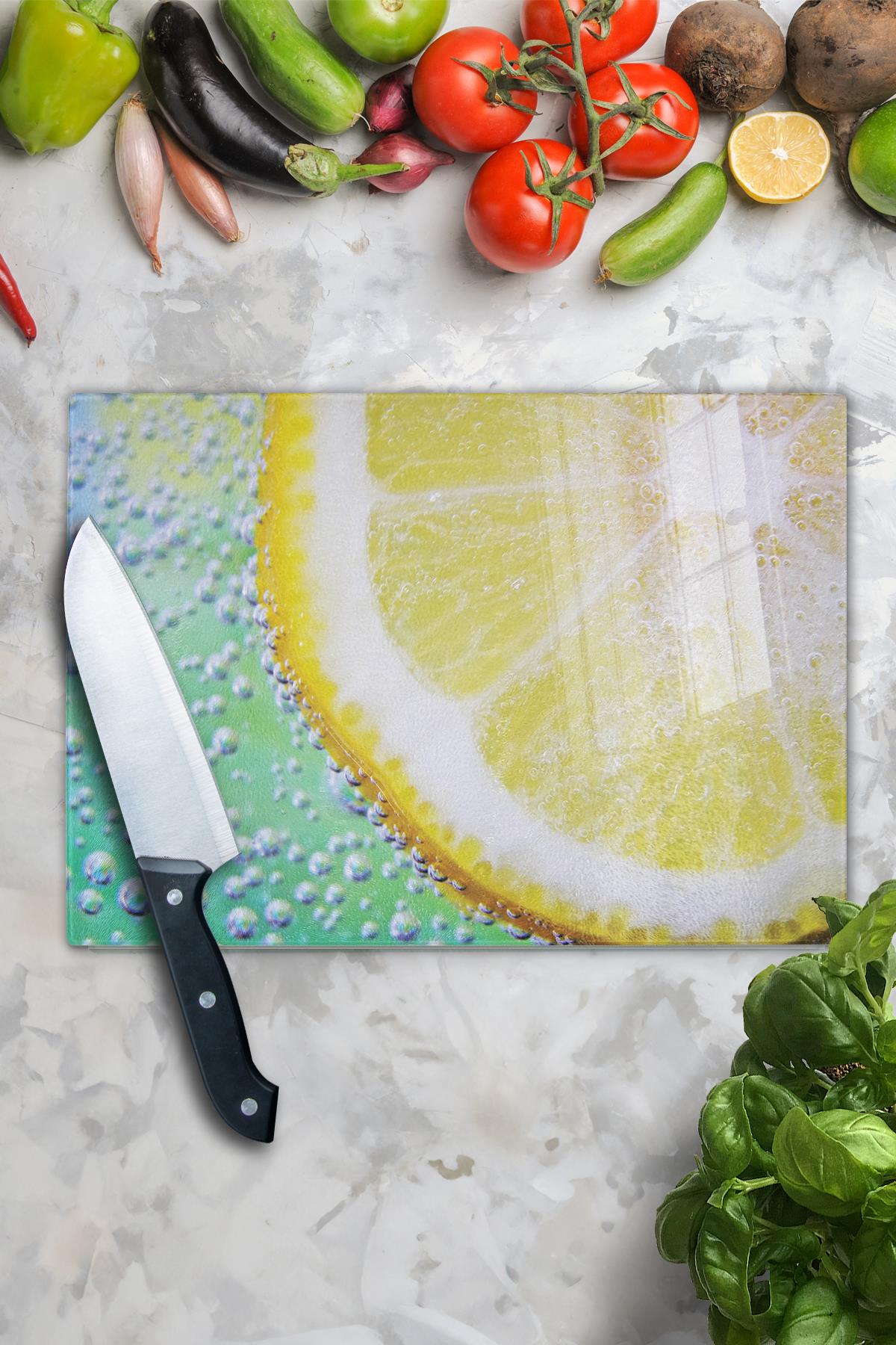Cam Kesme Tahtası, Kalın Ve Kırılmaz Cam - Limon Temalı - 21*30cm - Doğrama Tahtası, Mutfak Dekoru