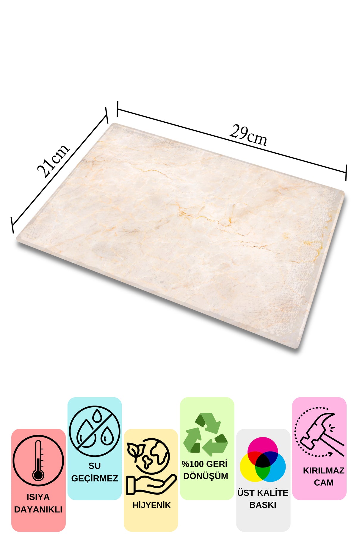 Cam Kesme Tahtası, Kalın Ve Kırılmaz Cam - Mermer Temalı - 21*30cm, Doğrama Tahtası, Mutfak Dekoru