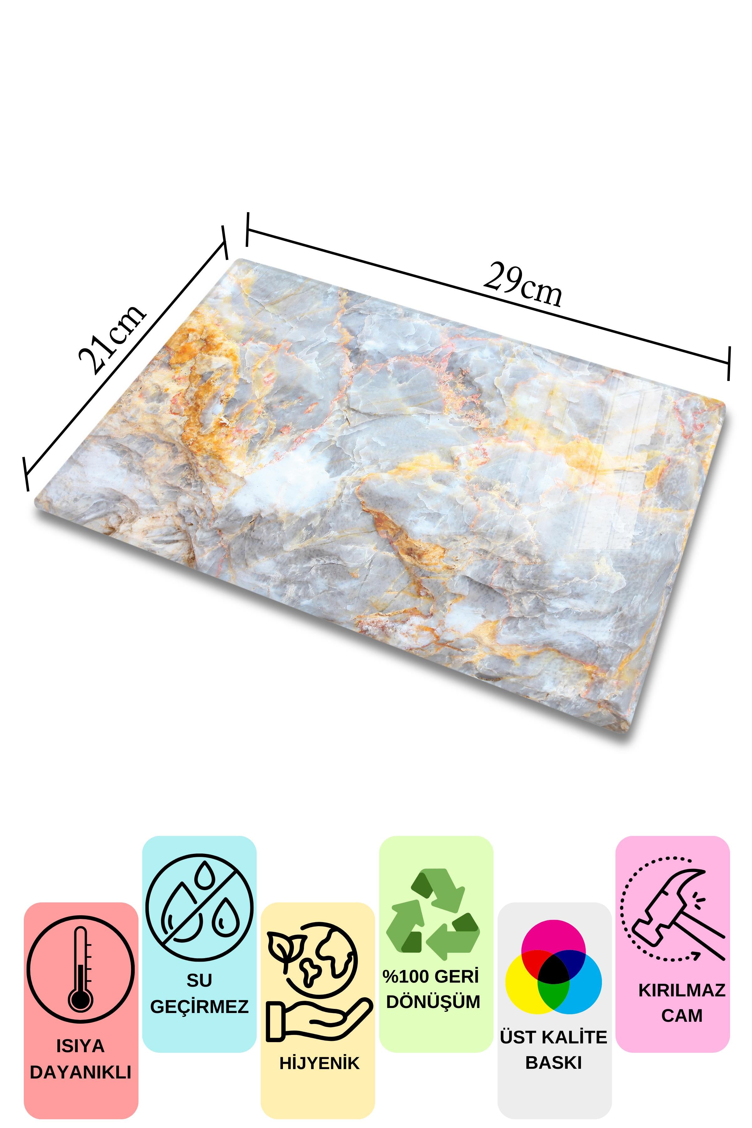 Cam Kesme Tahtası, Kalın Ve Kırılmaz Cam - Mermer Temalı - 21*30cm - Doğrama Tahtası, Mutfak Dekoru
