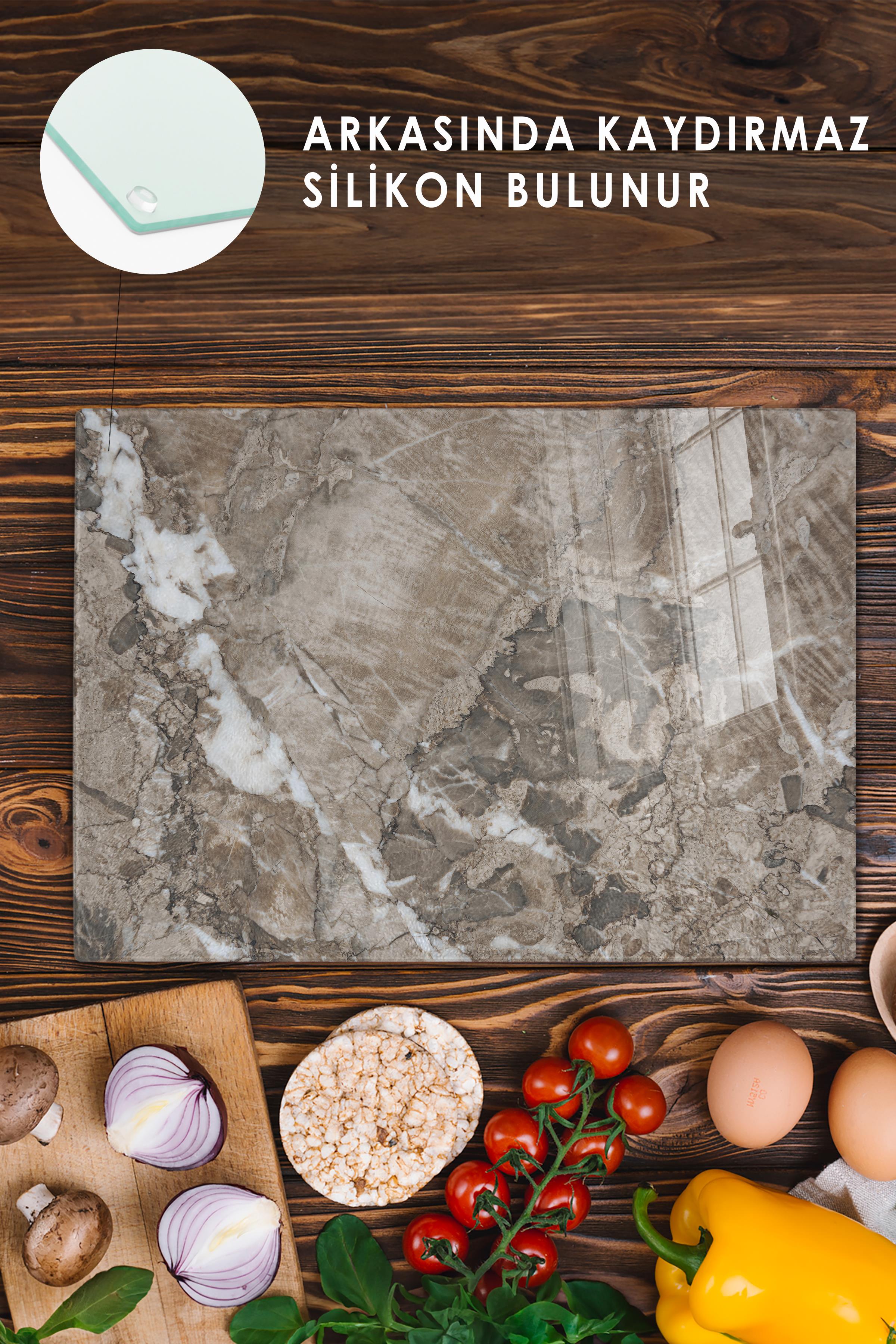 Cam Kesme Tahtası, Kalın Ve Kırılmaz Cam - Mermer Temalı - 21*30cm - Doğrama Tahtası, Mutfak Dekoru