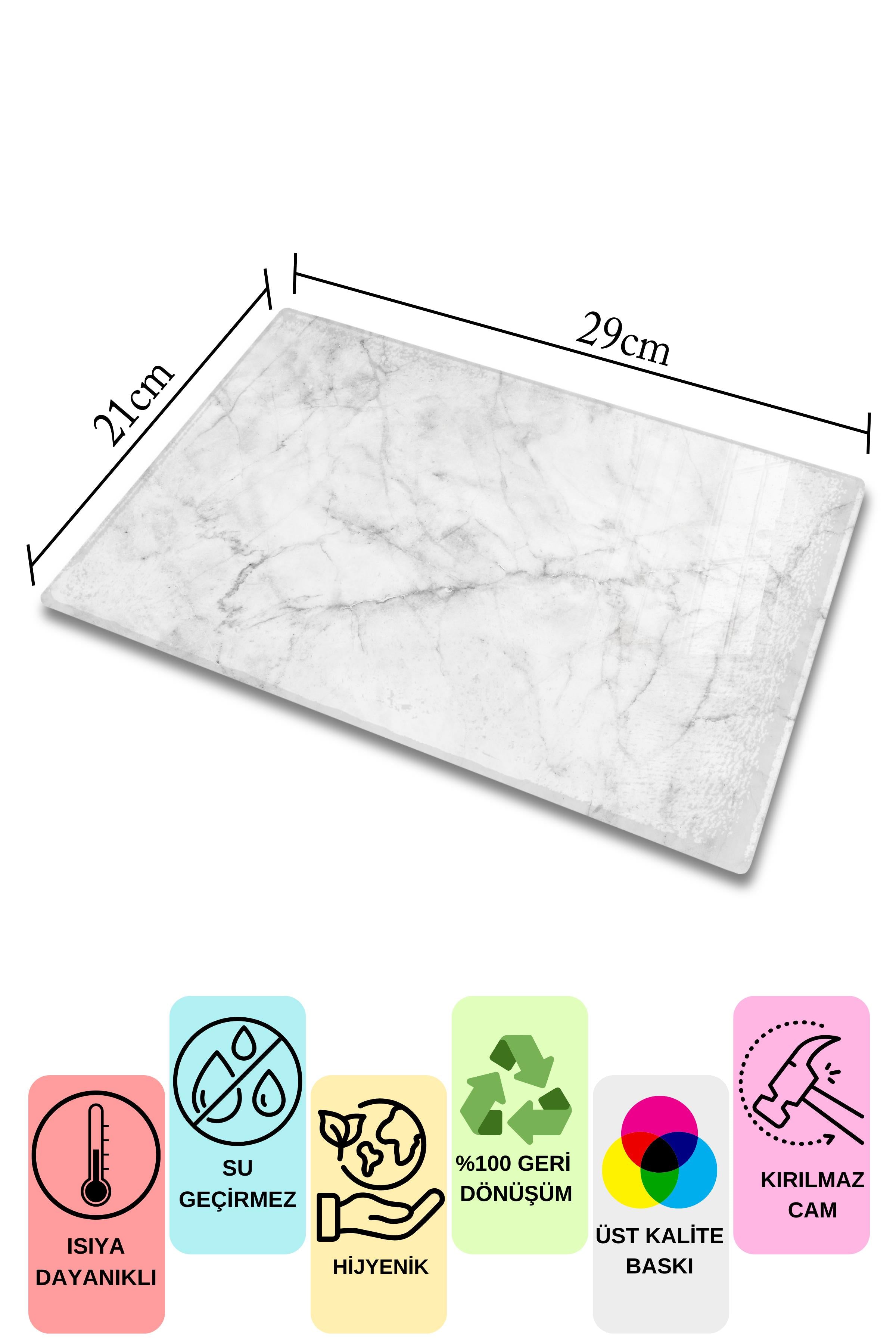 Cam Kesme Tahtası, Kalın Ve Kırılmaz Cam - Mermer Temalı - 21*30cm, Doğrama Tahtası, Mutfak Dekoru