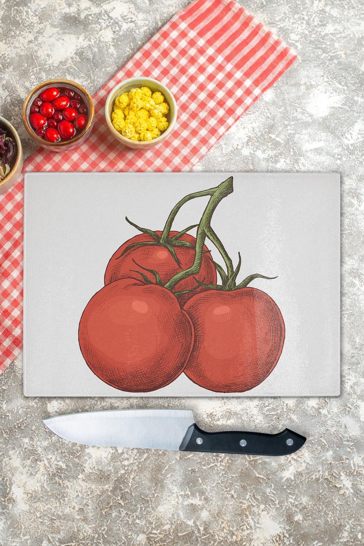 Cam Kesme Tahtası, Kalın Ve Kırılmaz Cam, Vintage Domates, 21*30cm - Doğrama Tahtası, Mutfak Dekoru