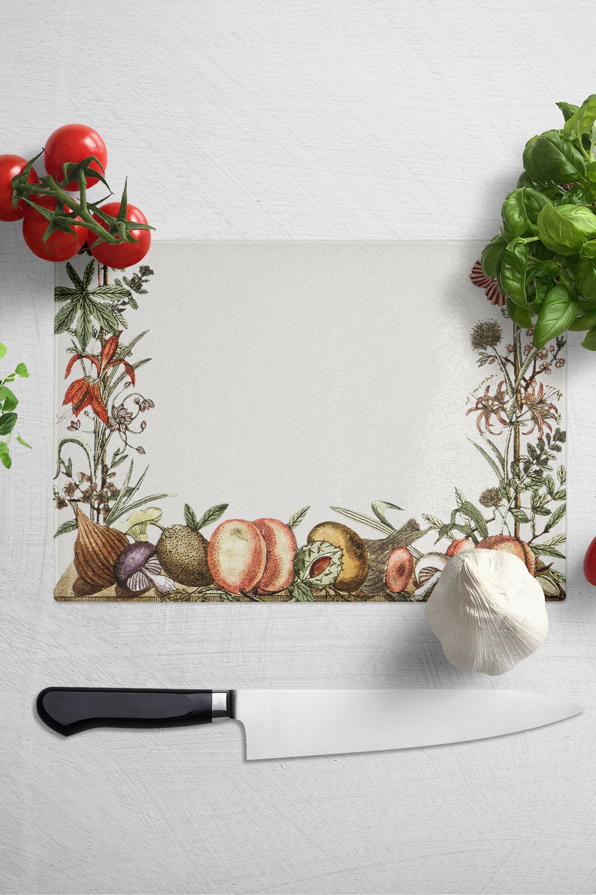 Cam Kesme Tahtası, Kalın Ve Kırılmaz Cam - Vintage Sebzeler, 21*30cm, Doğrama Tahtası, Mutfak Dekoru